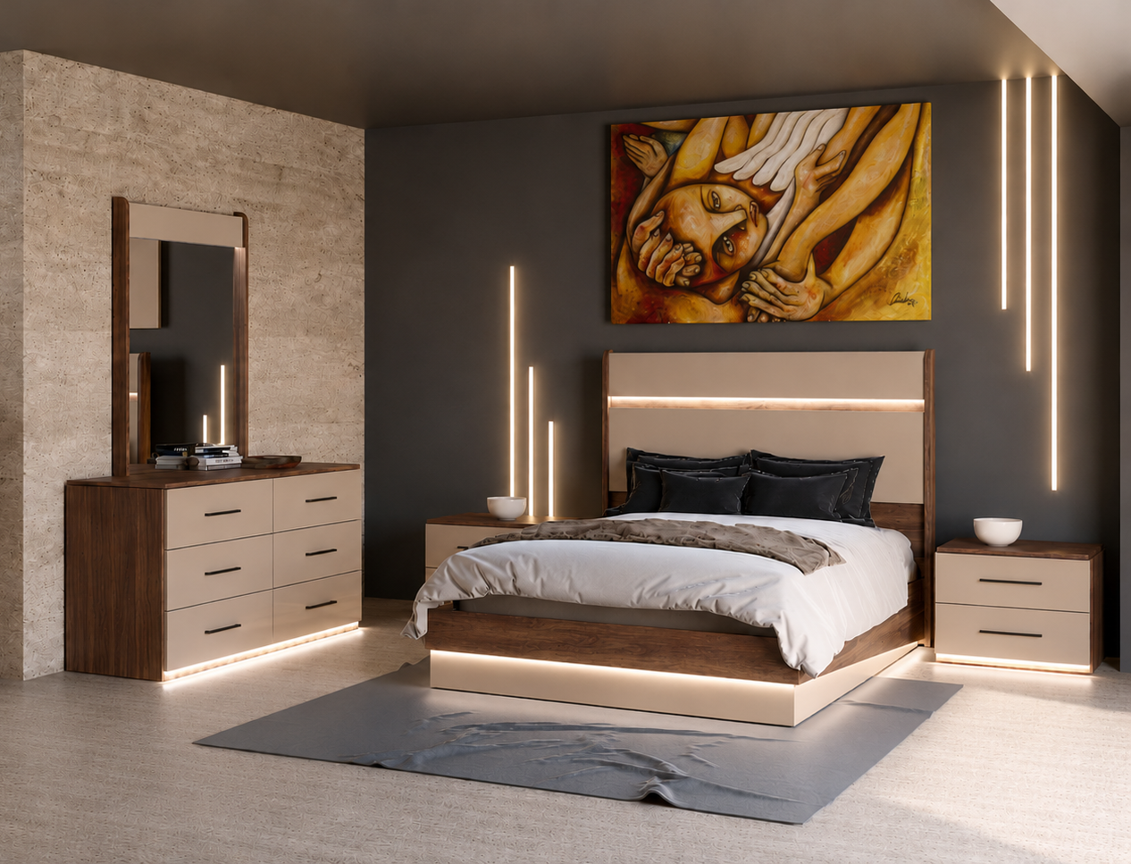 Monaco Bedroom Set Queen Size Bed(Platform) + Dresser +Mirror + Nightstand w/LED Walnut/Grey