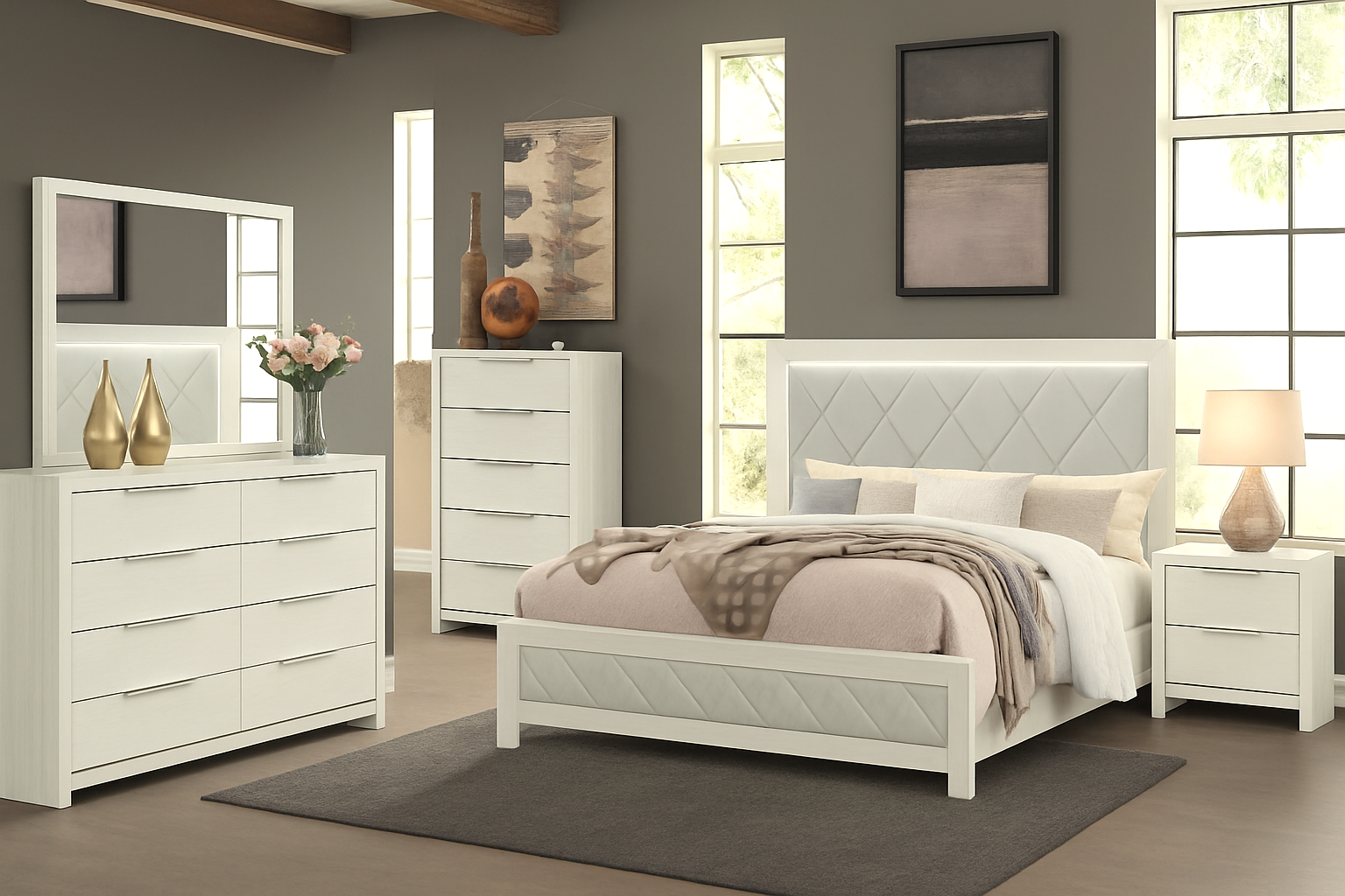 BD04352 Bedroom Set Full Bed + Dresser + Mirror + Nightstand Beige Linen/Beige Finish