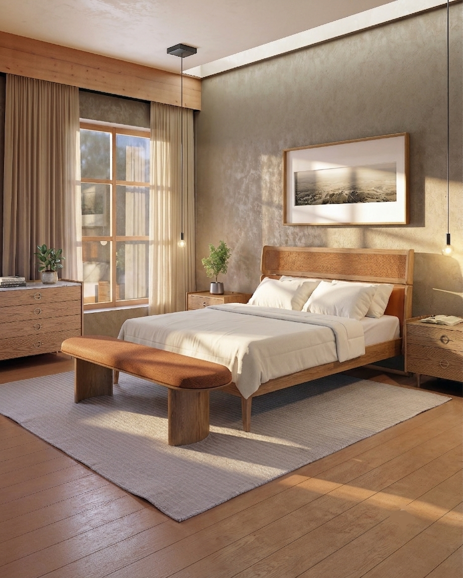 144711 VIVI King Bed Carvalho (Oak) Amendoa (Almond)/Nogueira Mesh