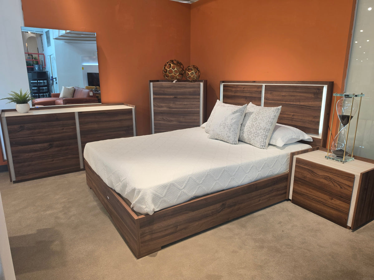 TEXAS Bedroom Set Queen Size Bed + Dresser + Mirror + Nightstand w/LED Valentina/Travertino