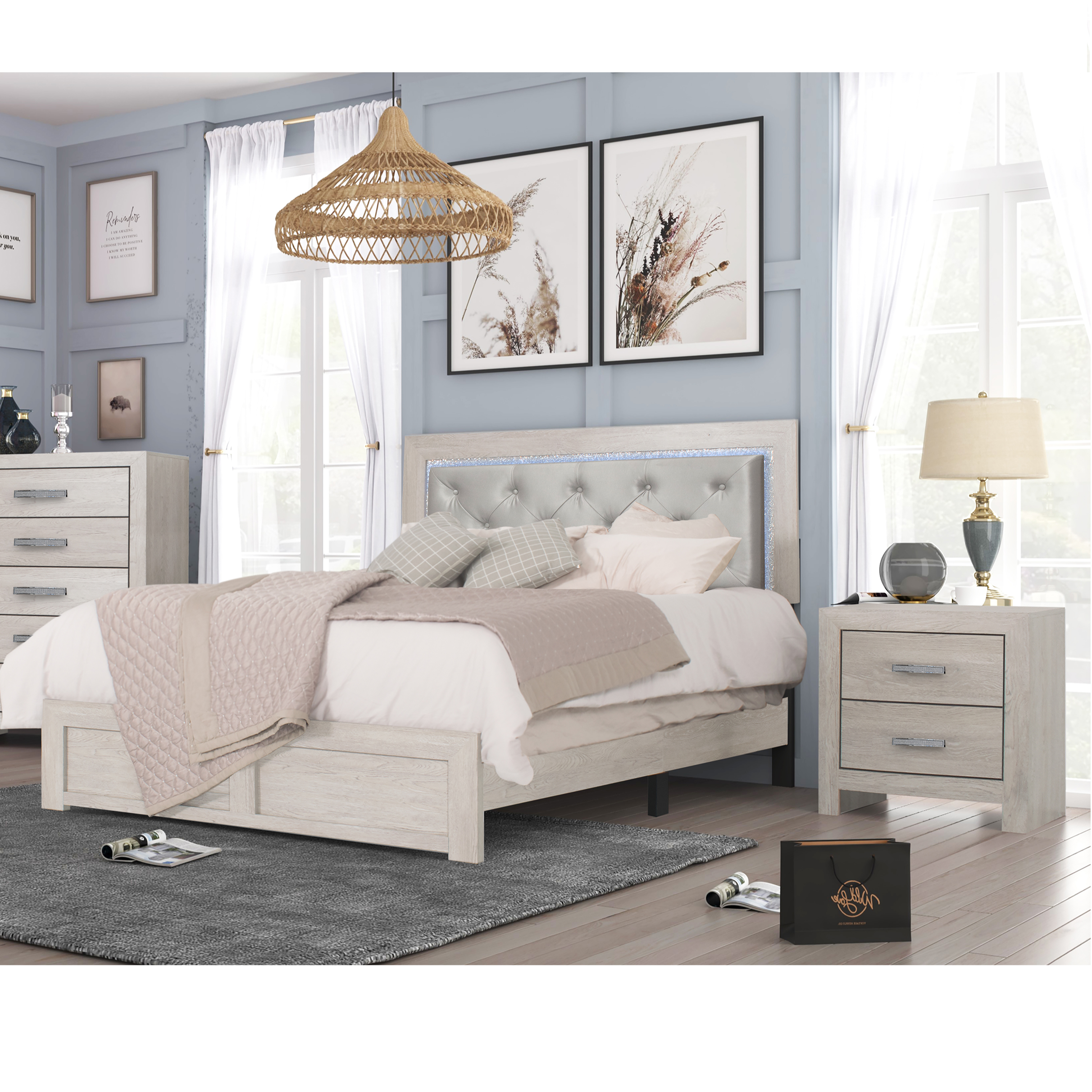 B9270 King Bed + Nightstand Pickled Oak Finish White Wood