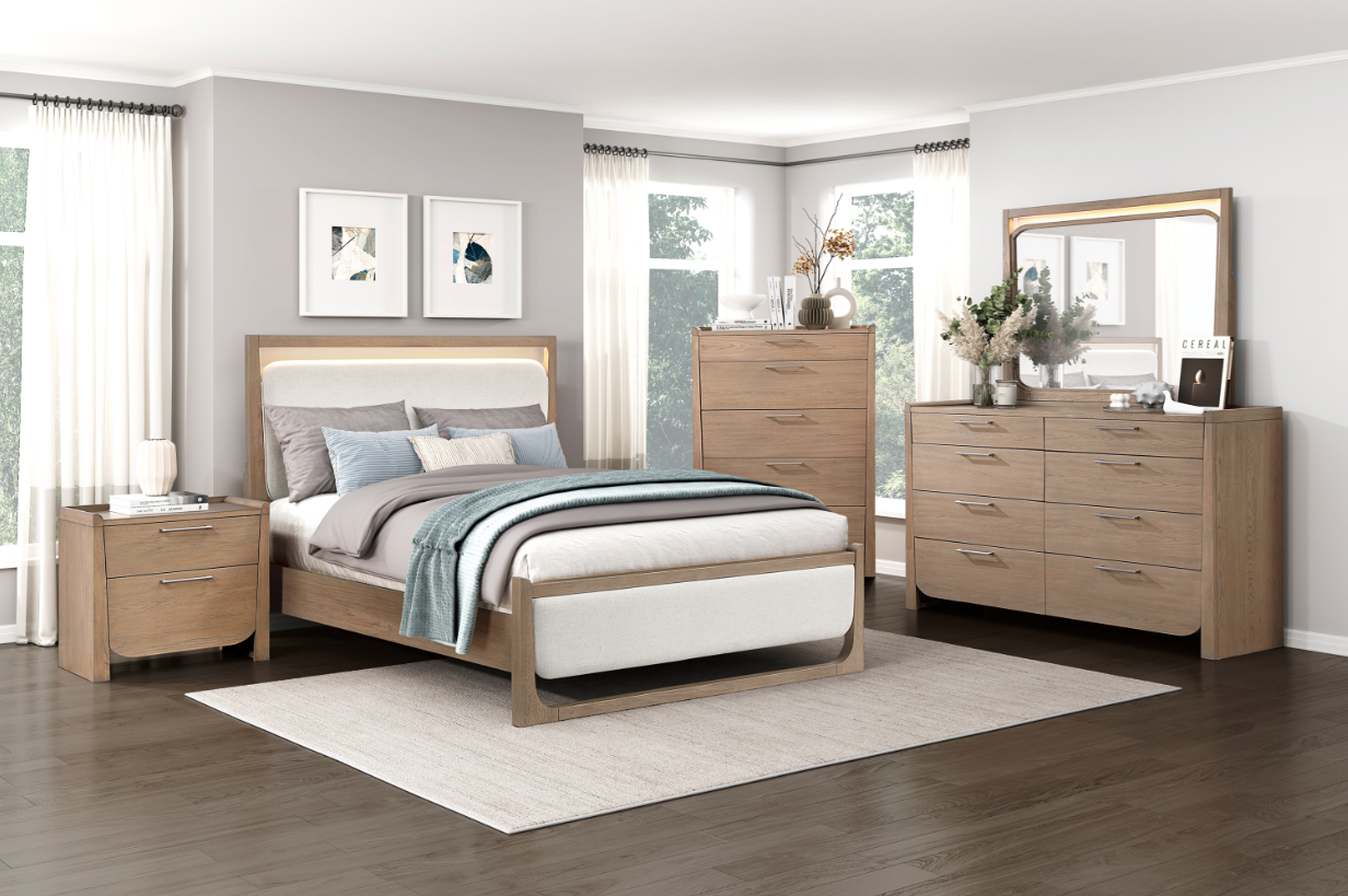 2385 Bedroom Set King Bed + Dresser + Mirror + Nightstand White Upholstered HB & FB/with LED/Walnut