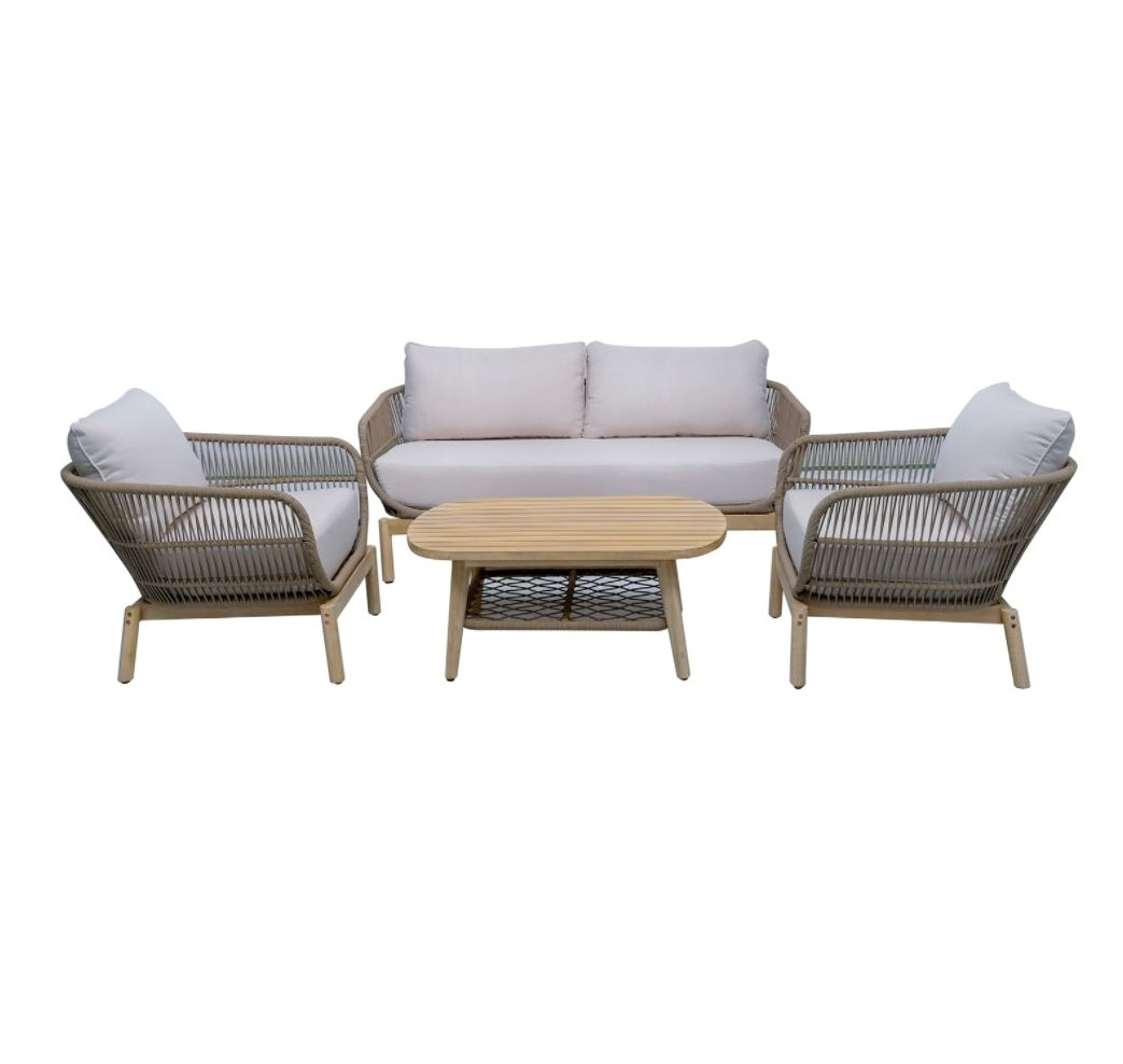 61007 4pcs Acacia Rope Lounge Set Aluminum/Natural/Beige Cushions