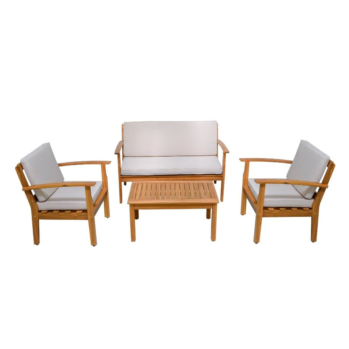 68560 4pcs Acacia Lounge Set (1xsofa+2xchairs+1xtable) Beige Cushions/Teak