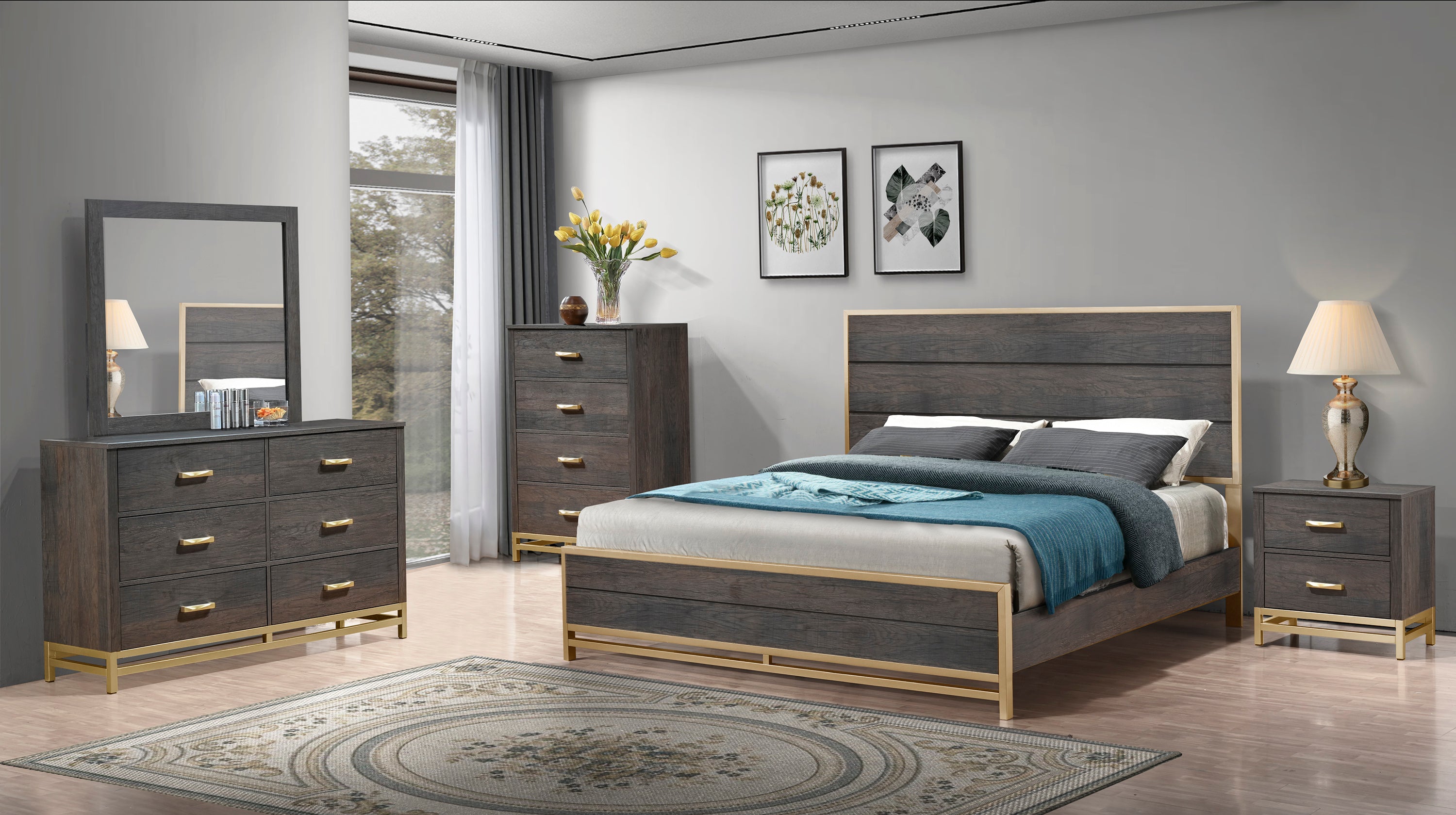 B3550 Trevor Bedroom Set King Bed + Dresser + Mirror + Nightstand Ebony/Gold