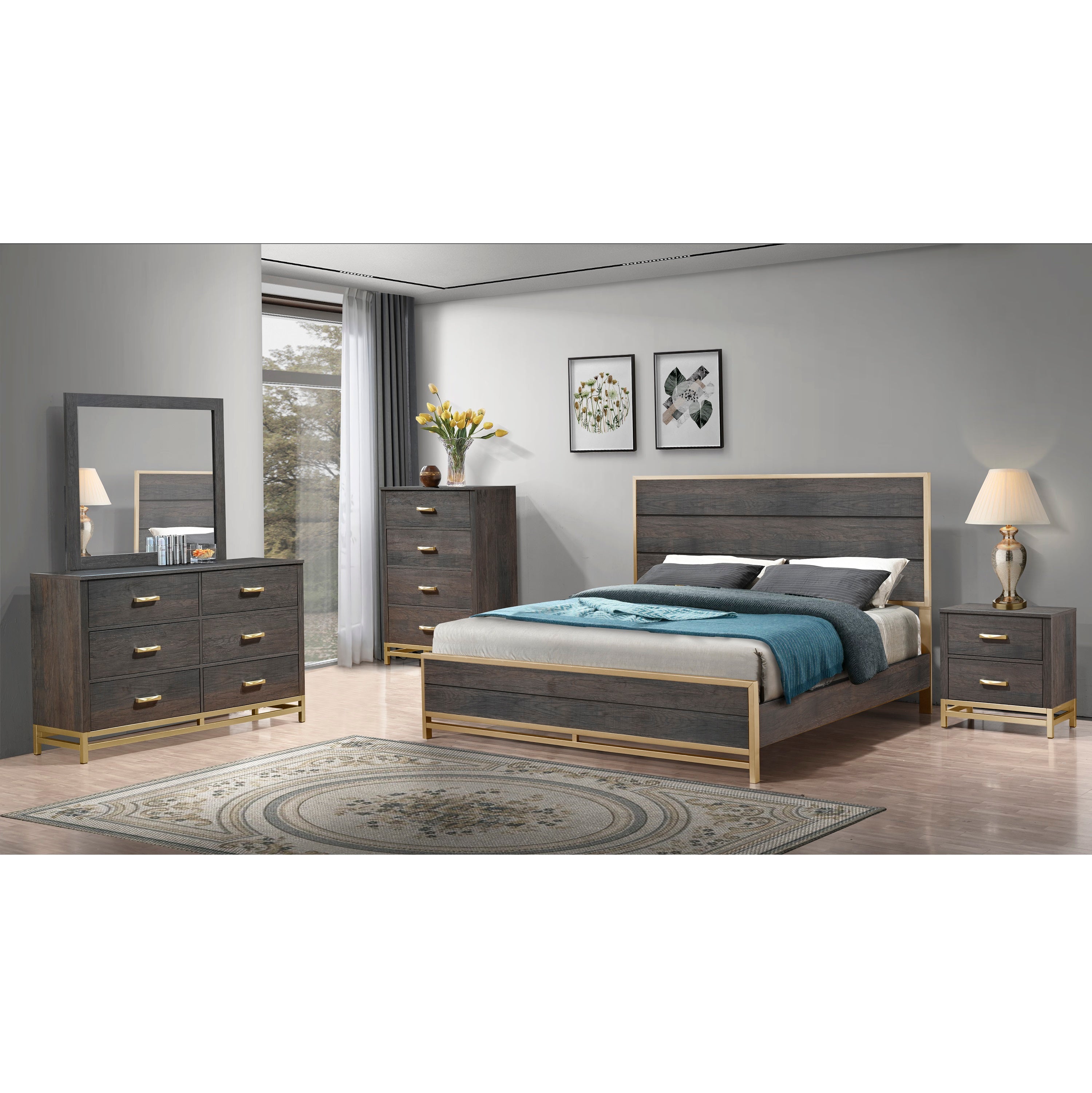 B3550 Trevor Bedroom Set King Bed + Dresser + Mirror + Nightstand Ebony/Gold