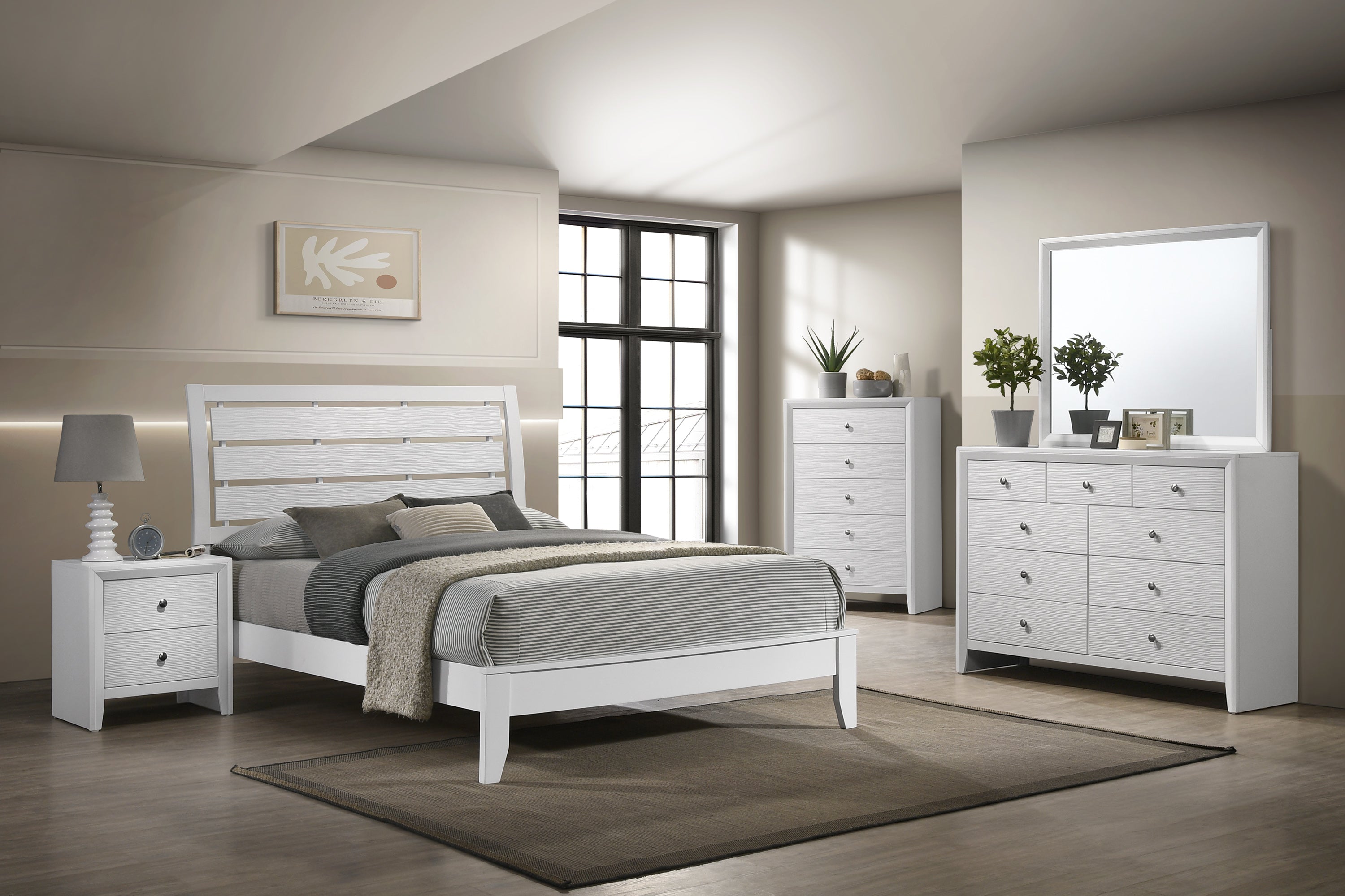 B4710 Evan Full Bed + Dresser + Mirror + Nighstand White