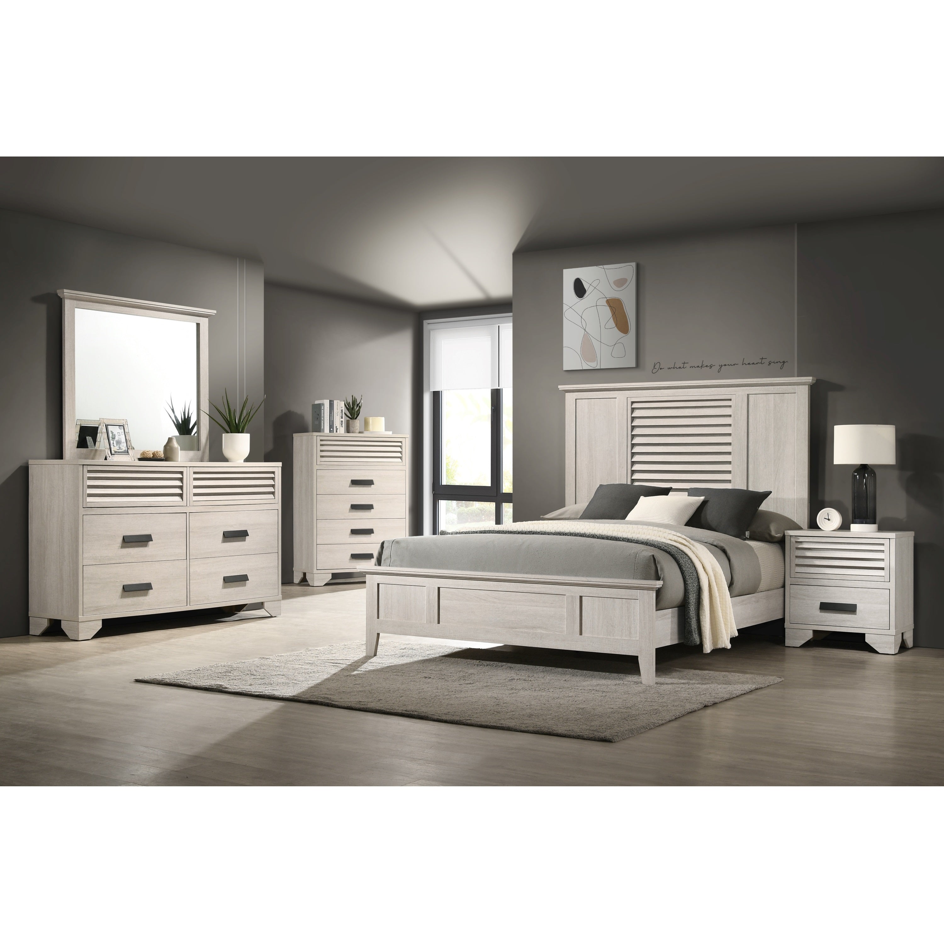 B4740 Sarter Bedroom Set Queen Bed + Dresser + Mirror + Nightstand White Wash