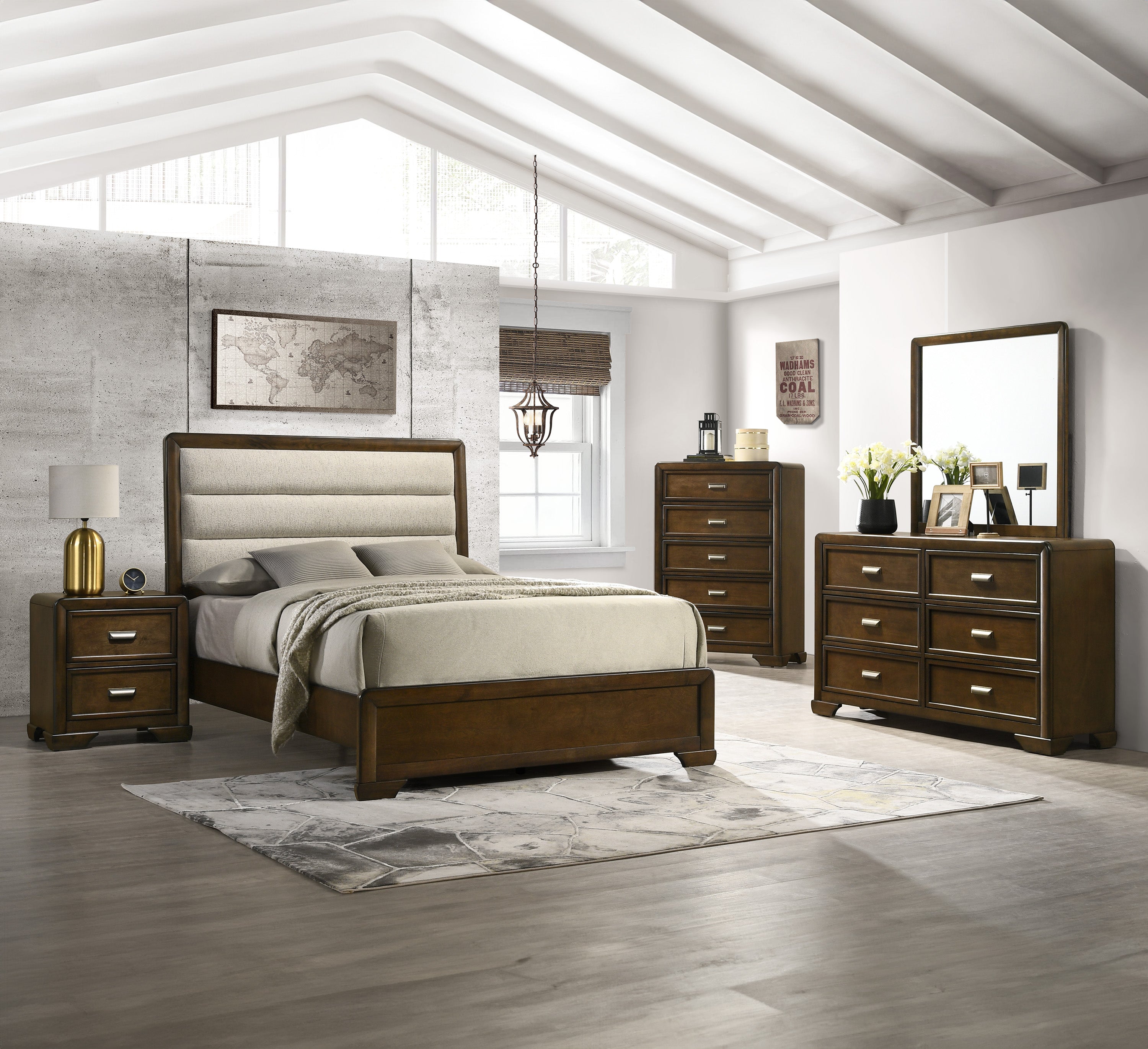 B5530 Coffield Bedroom Set Queen Bed + Dresser + Mirror + Nightstand Oak/Natural Fabri