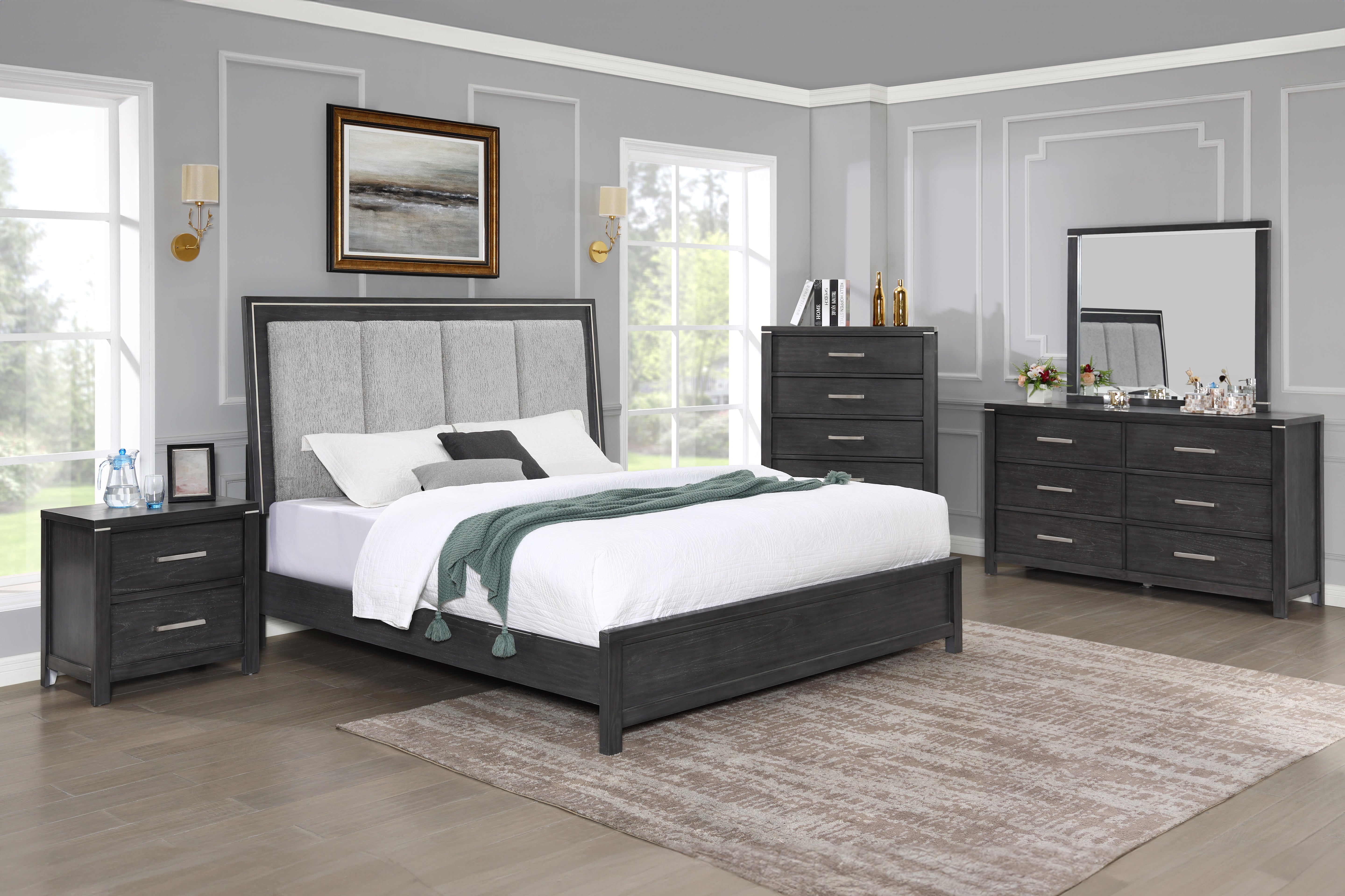 Odessa Bedroom Set Queen Bed + Dresser + Mirror + Nightstand Charcoal Grey