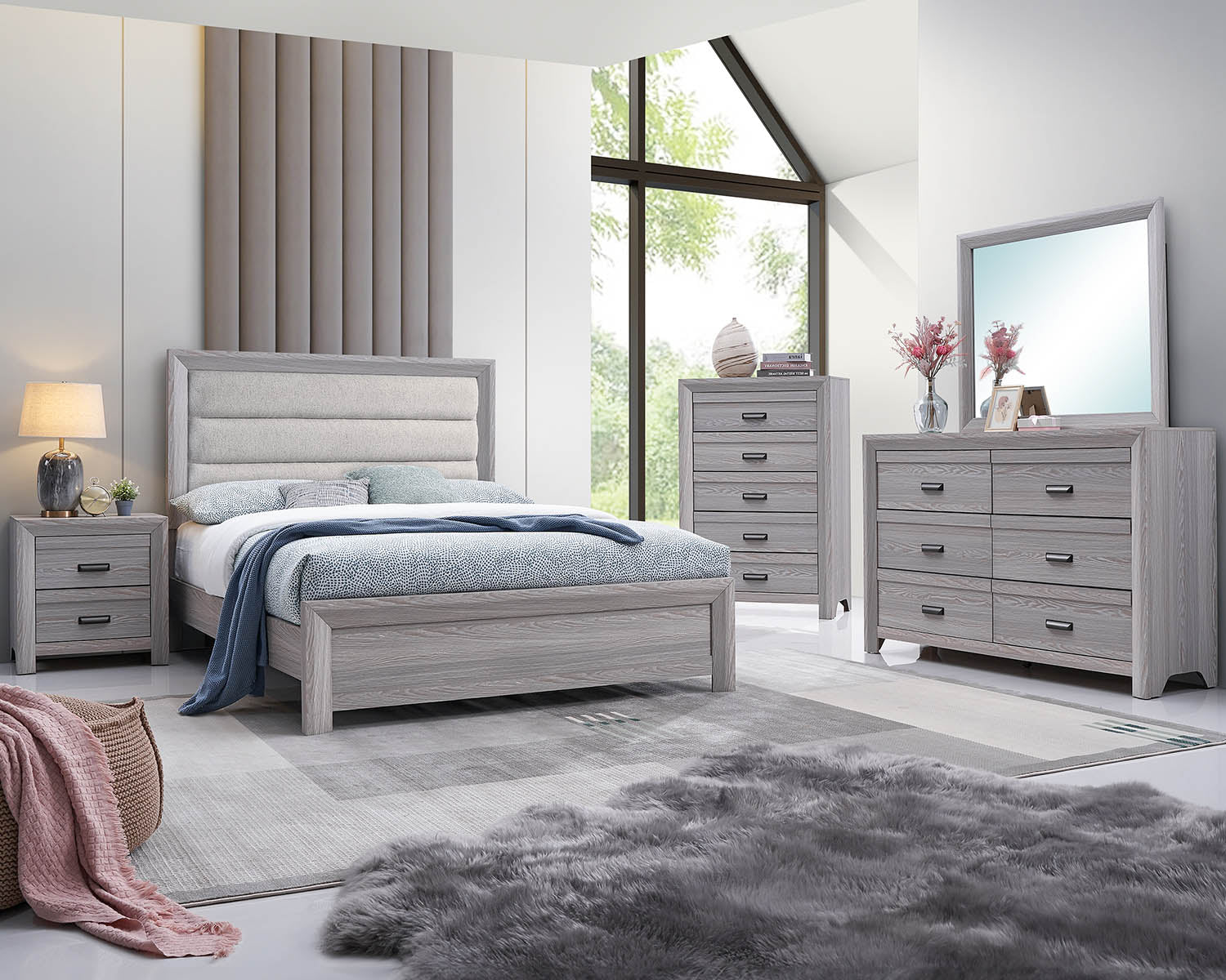 B6712 ADELAIDE Bedroom Set Full Bed + Dresser + Mirror + Nightstand /Upholstered Driftwood Finish