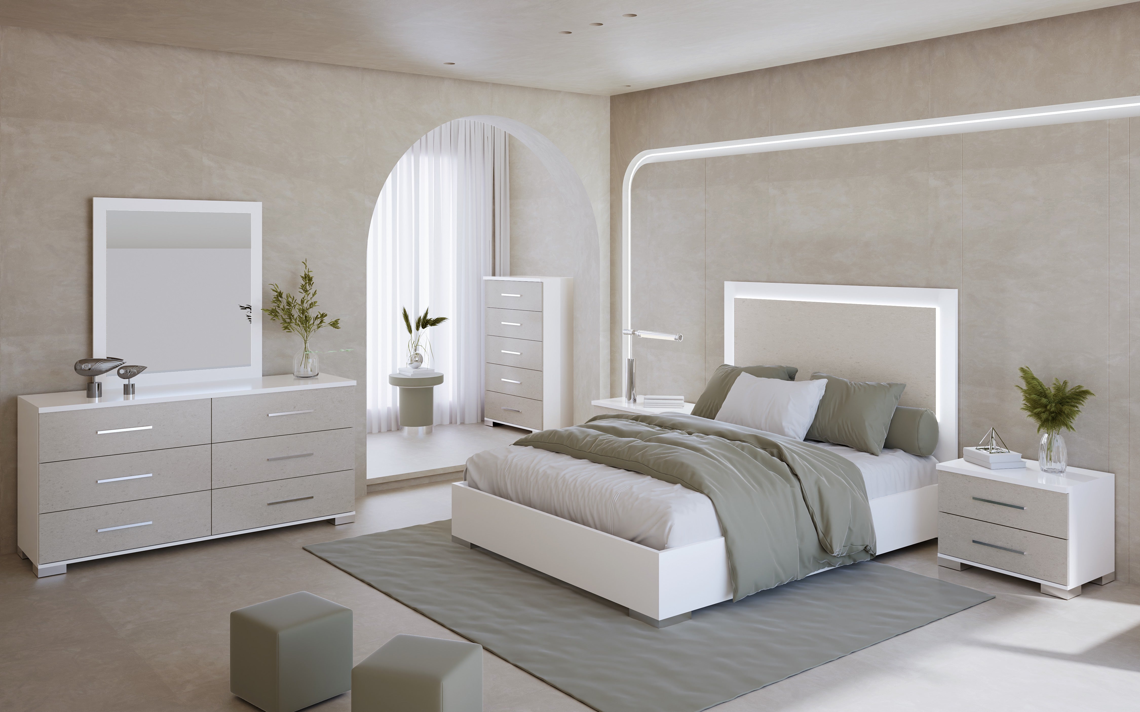 Boston Bedroom Set Queen Bed w/Storage + Dresser + Mirror + Nightstand  w/LED White