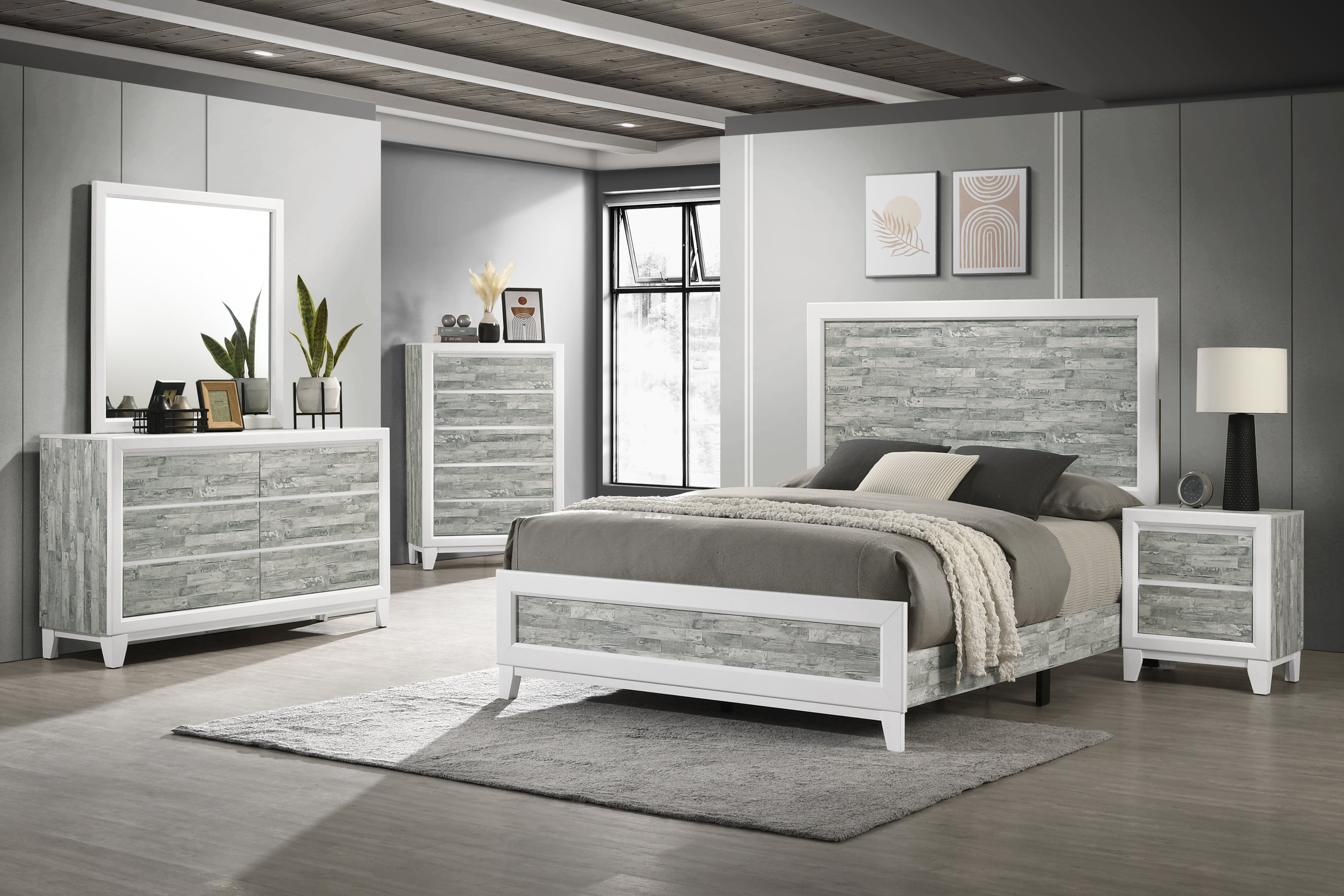 Bedroom Set Artic Queen + Dresser + Mirror + Nightstand Grey/White