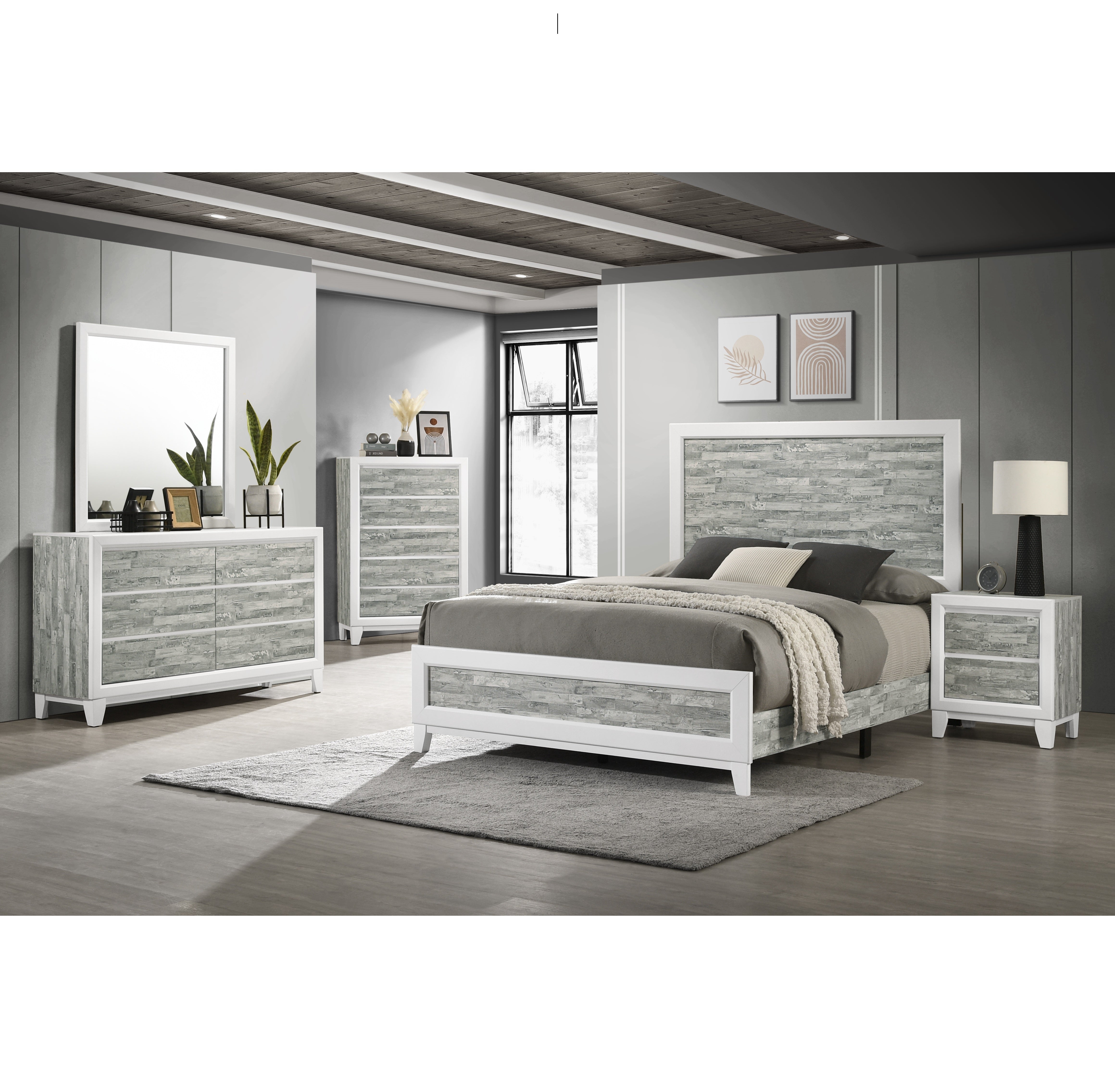 Bedroom Set Artic Full + Dresser + Mirror + Nightstand Grey/White