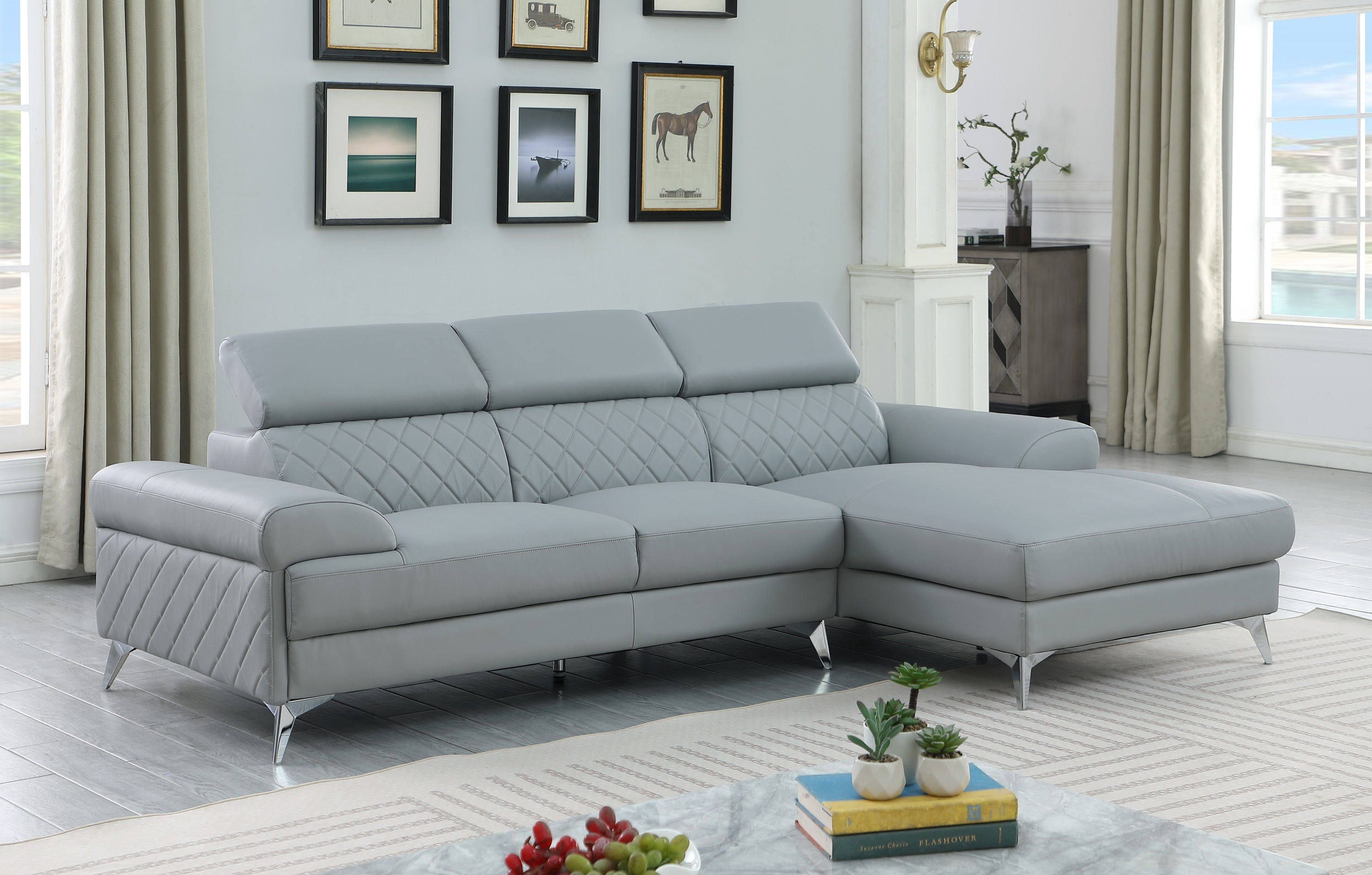 VAPO Sofa+Chaise (Right when Facing) Light Gray Leather