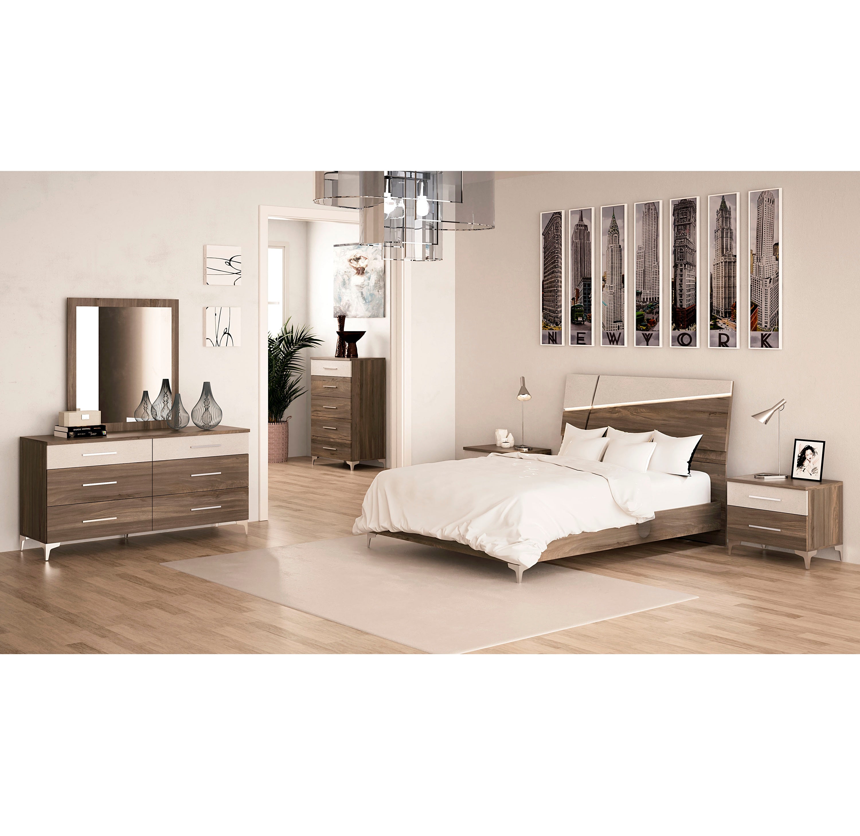 Wabi Queen Bedroom Set + Dresser + Mirror + Nightstand Gravity Diagonal/Grey Finish