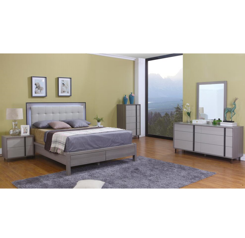 1553 Liverpool Queen Bed w/drawer + Dresser + Mirror + Nightstand Light Grey