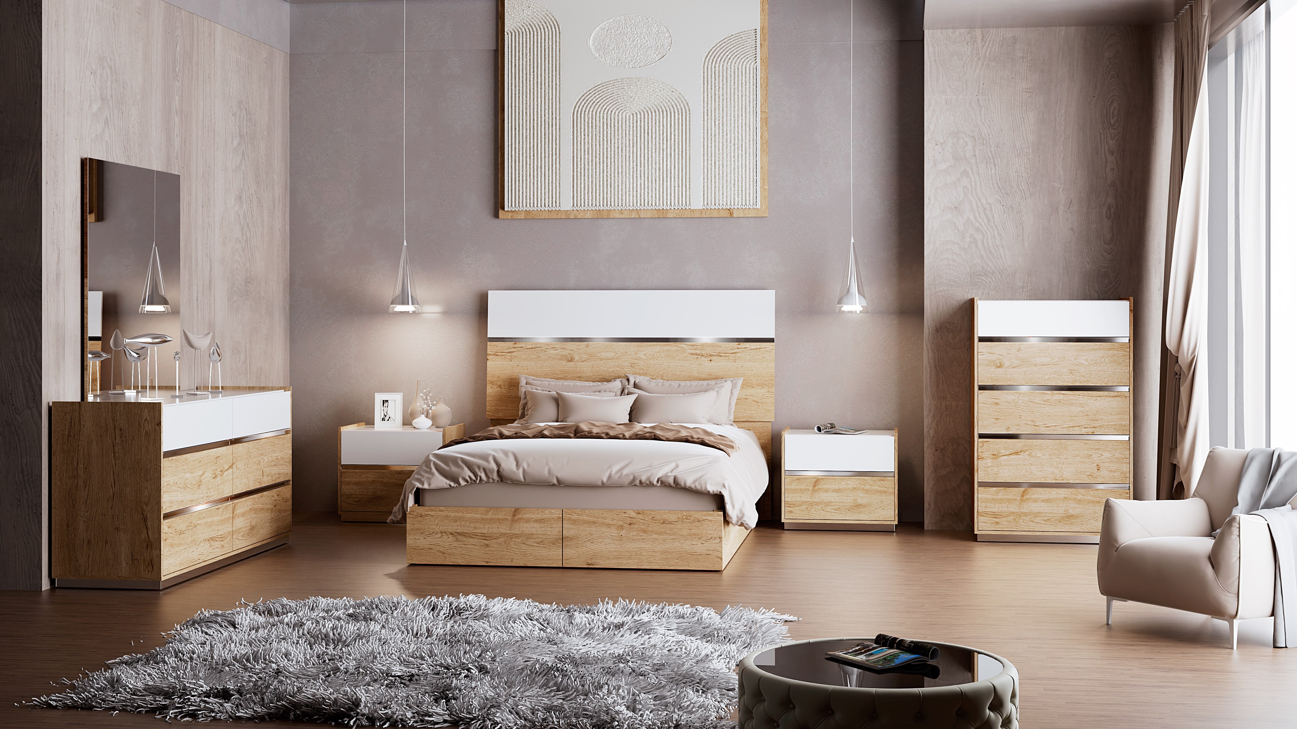 Montecarlo Bedroom Set Full Bed w/Storage + Dresser + Mirror + Nightstand  w/LED White/Bambo0