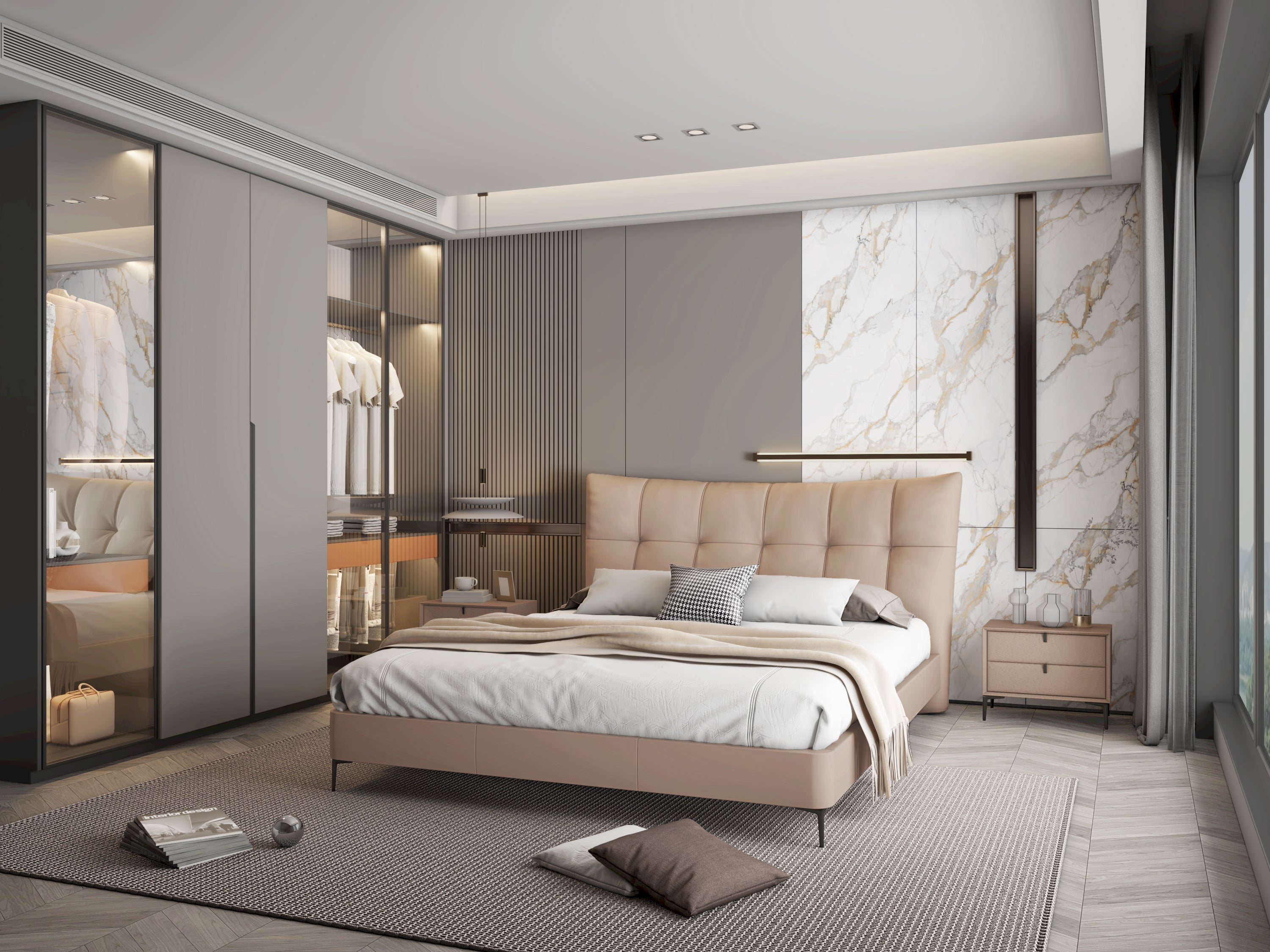 MATERA Queen Bed (Headboard+Rails+Slats) Leather Beige