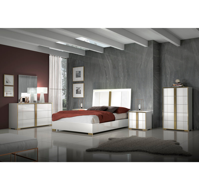 Rosa Bedroom Set Queen Bed + Dresser + Mirror + Nightstand White Laquer/Gold Accent