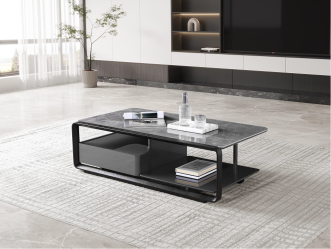 SY05# Coffee Table 51"L x 27.5"W x 15"H Sintered Stone/Veneer/Metal Base