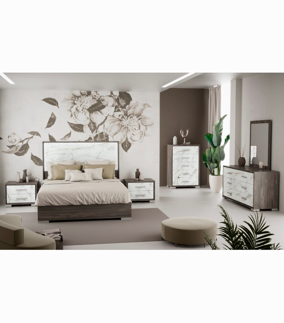 BELLAGIO Queen Bedroom Set + Dresser + Mirror + Nightstand Walnut/Marble Finish