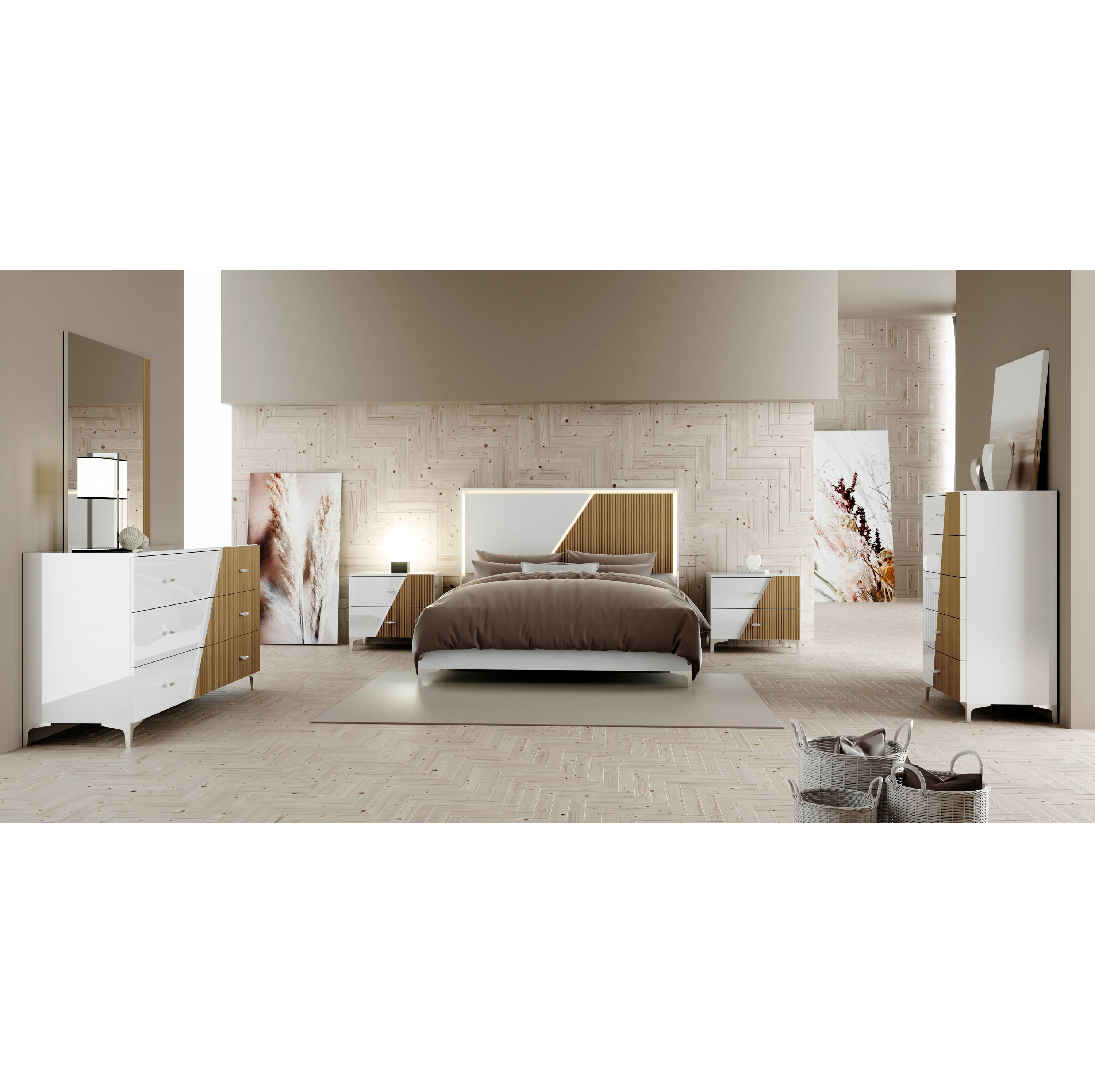 Triana Queen Bedroom Set + Dresser + Mirror + Nightstand White/Natural