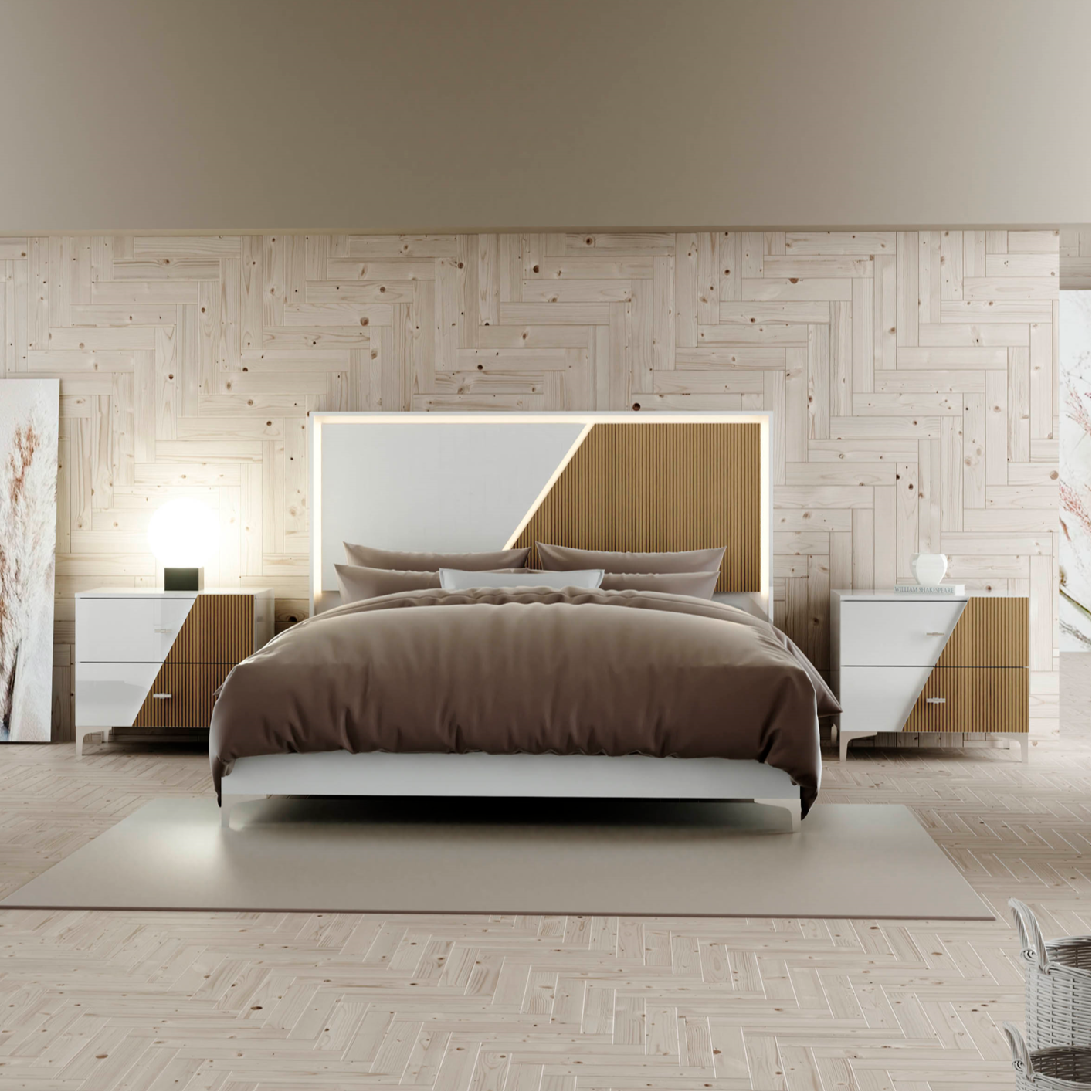 TRIANA Full Size Bed (HB+Platform+Supports) White-Natural