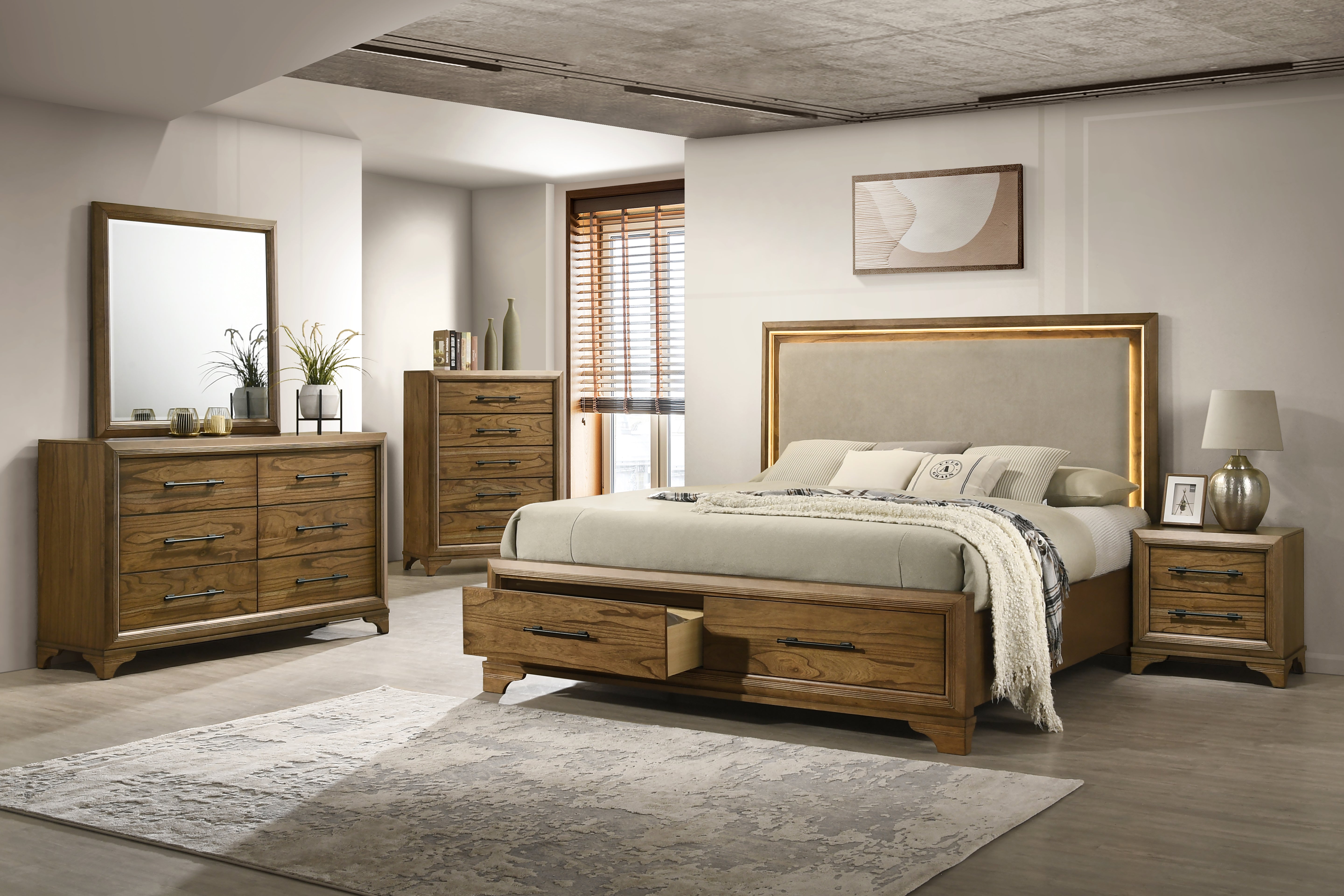 TALCOTT Bedroom Set Queen Bed(storage) + Dresser + Mirror + Nightstand /Led Headboard/Honey Finish