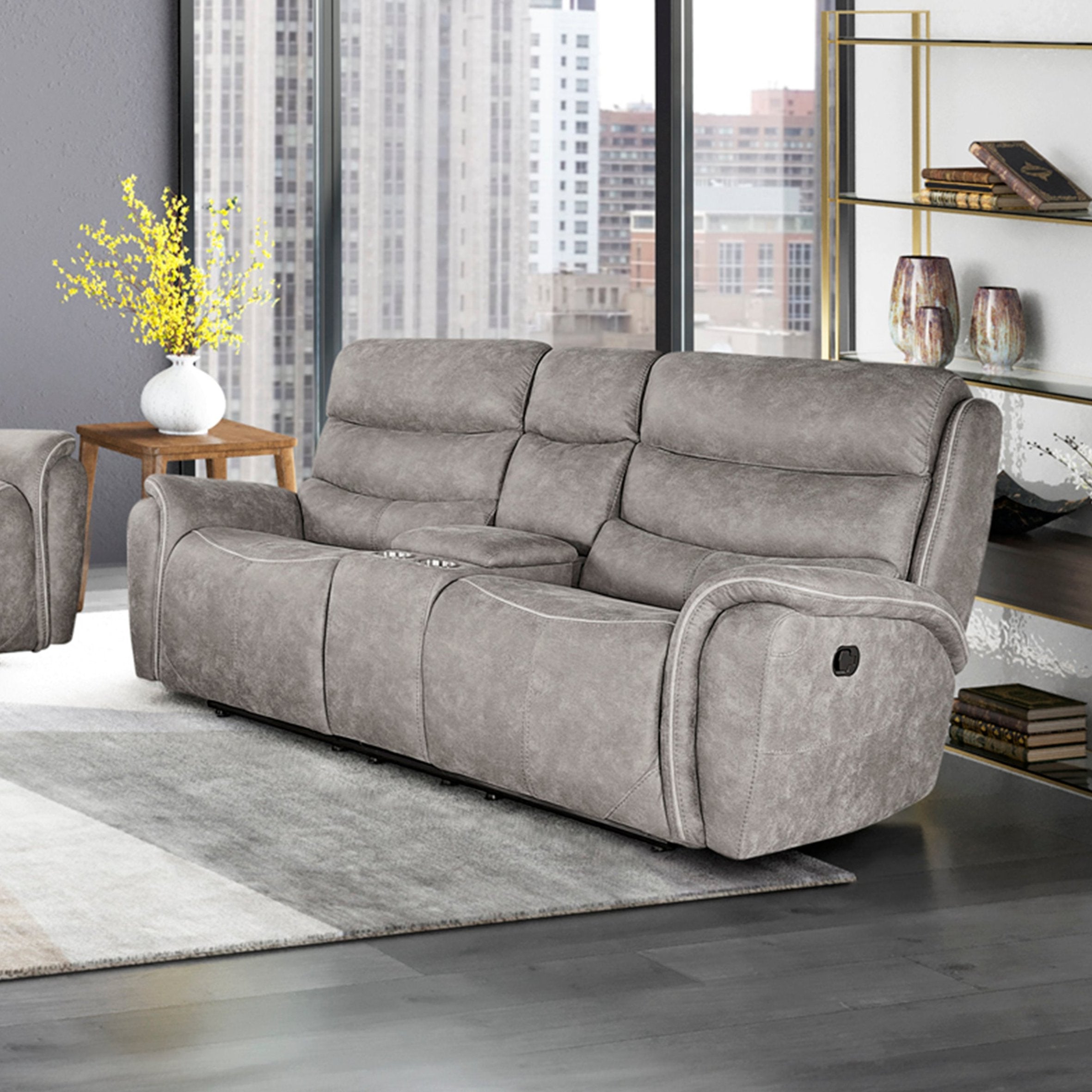 U092-25-GRY KAMARI 2-Seater w/Console 2 Recliners Grey