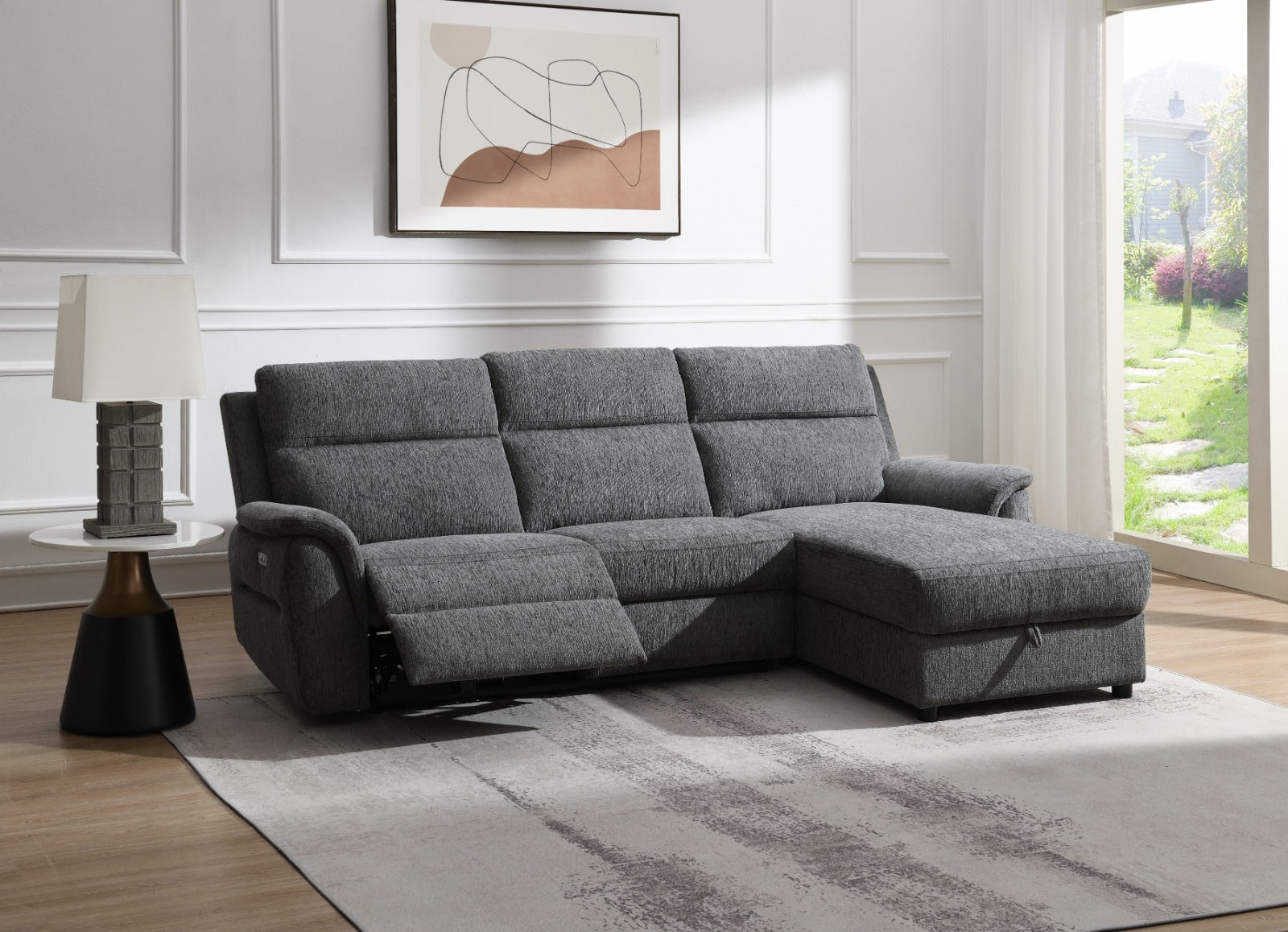 LV04790 Power Relciner Sectional w/drawer Right facing Chaise w/Storage Grey Chenille