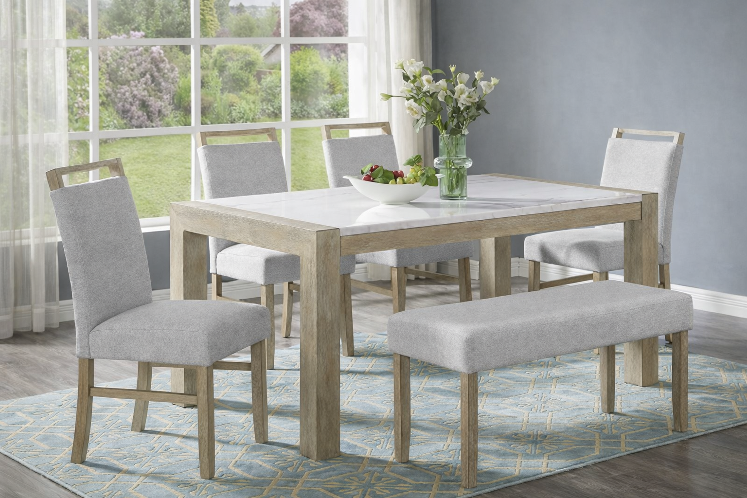 6pcs HAZEL Rect. Dining Set w/ (4) Chairs + Bench Ash Grey/Marble Top/Grey Fabric