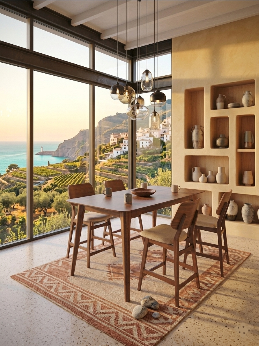 OSCAR Dining Set Counter Height w/ (4) Stools Walnut Finish / Beige Polyester Fabric