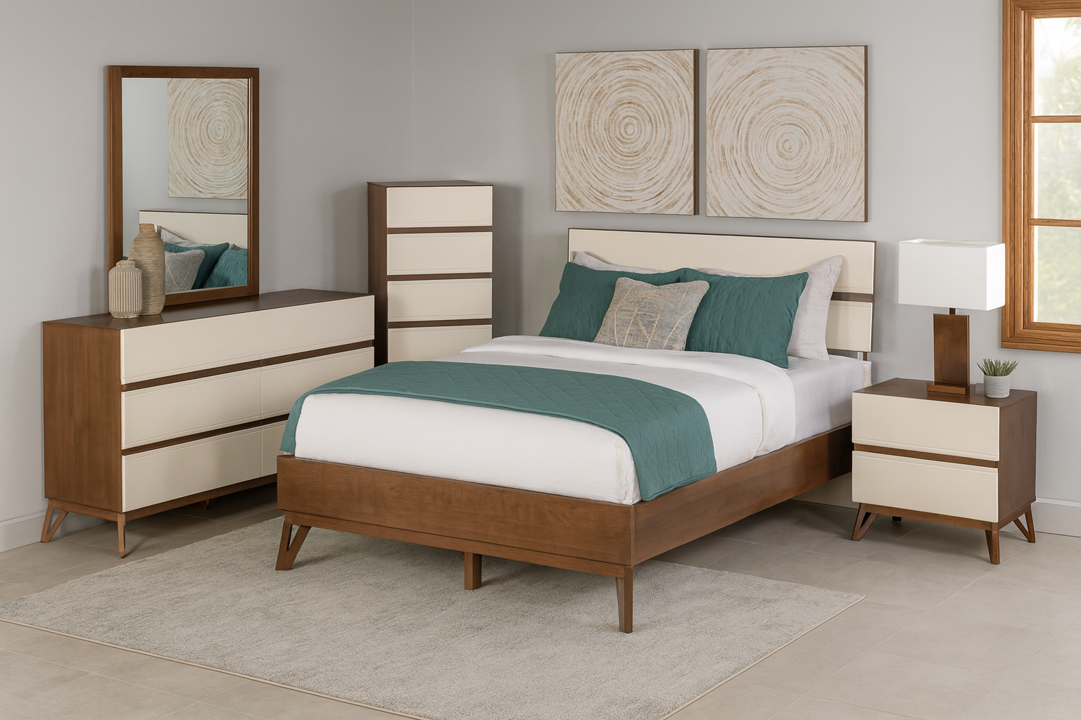 POINT SUR Bedroom Set King Bed + Dresser + Mirror + Nightstand Walnut/Offwhite