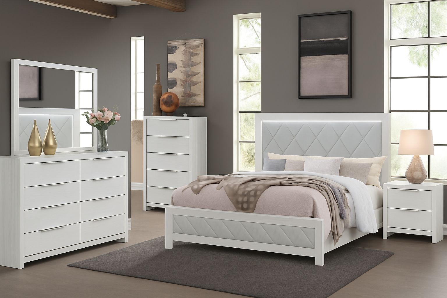 BD04352 Bedroom Set Full Bed + Dresser + Mirror + Nightstand Beige Linen/Beige Finish