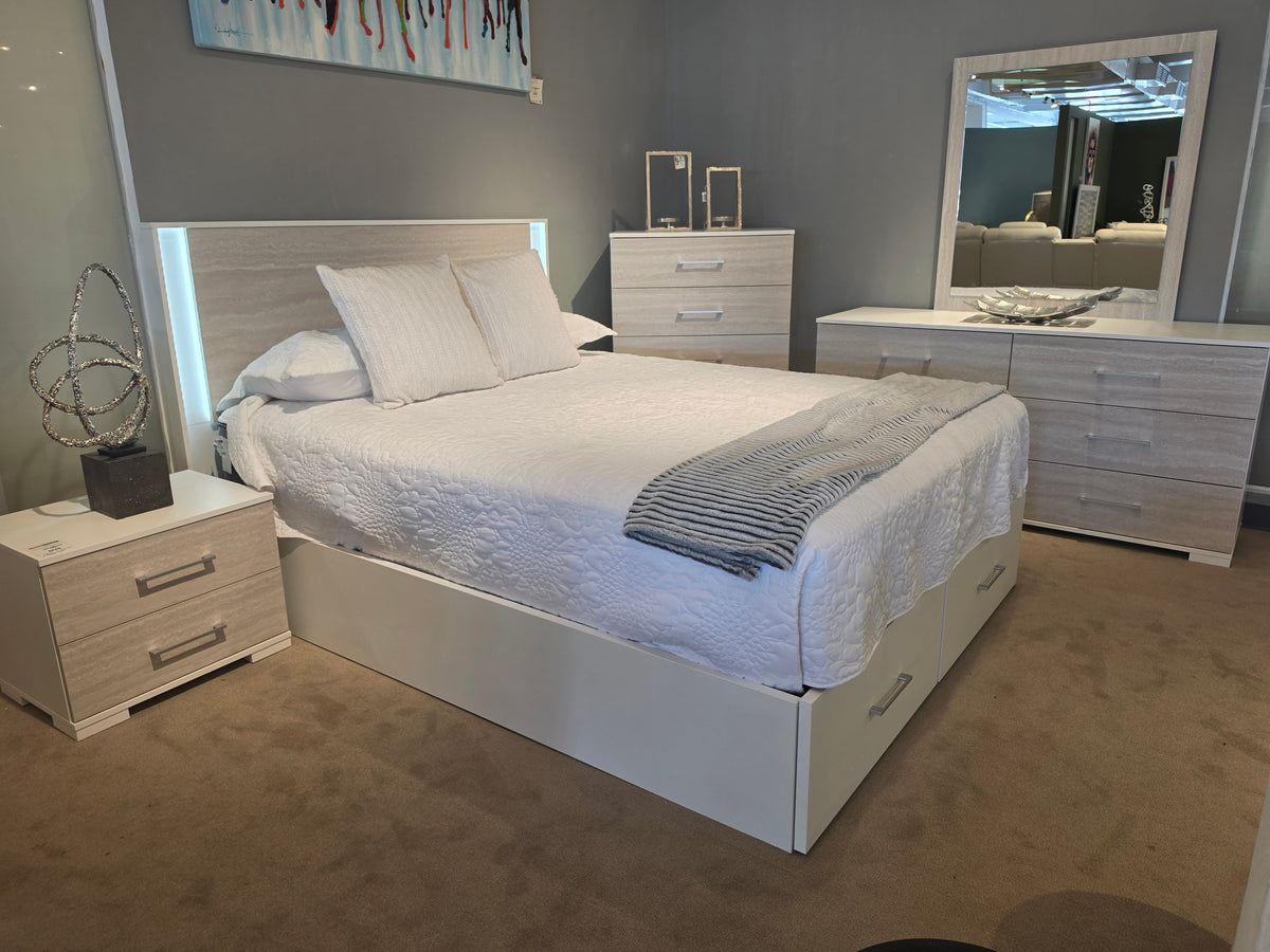 LISBOA Bedroom Set Full Size Bed w/Storage Drawers + Dresser + Mirror + Nightstand LED/White