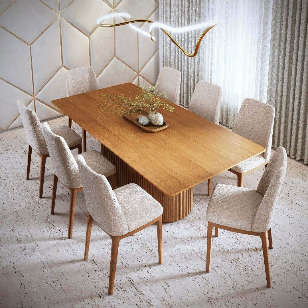 Dining Set LIVING Rectangular Table + (4) City Chair - 85.8"x 42.5" Cinnamon/Beige Linen