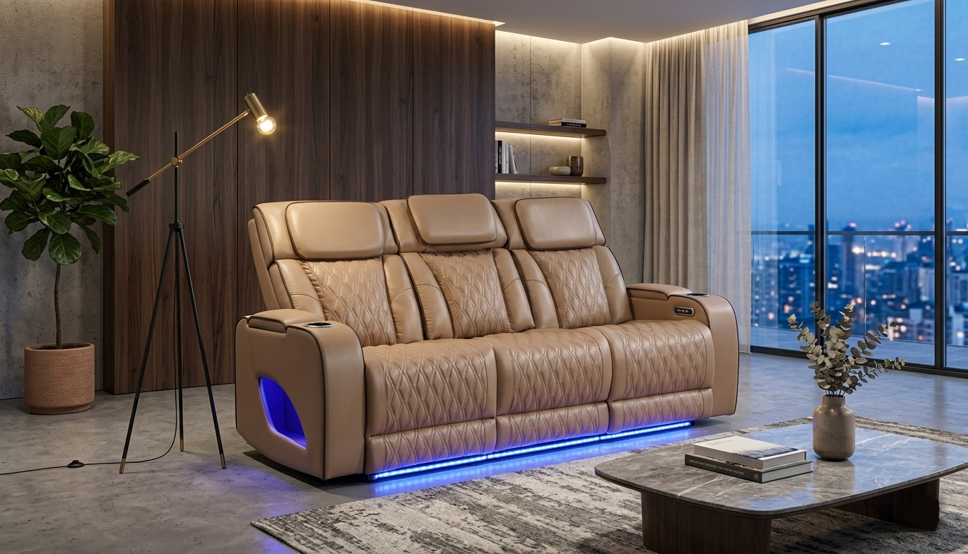 FORTUNER Power Recliner Sofa w/USB Charger/Massage/LED PU Caramel