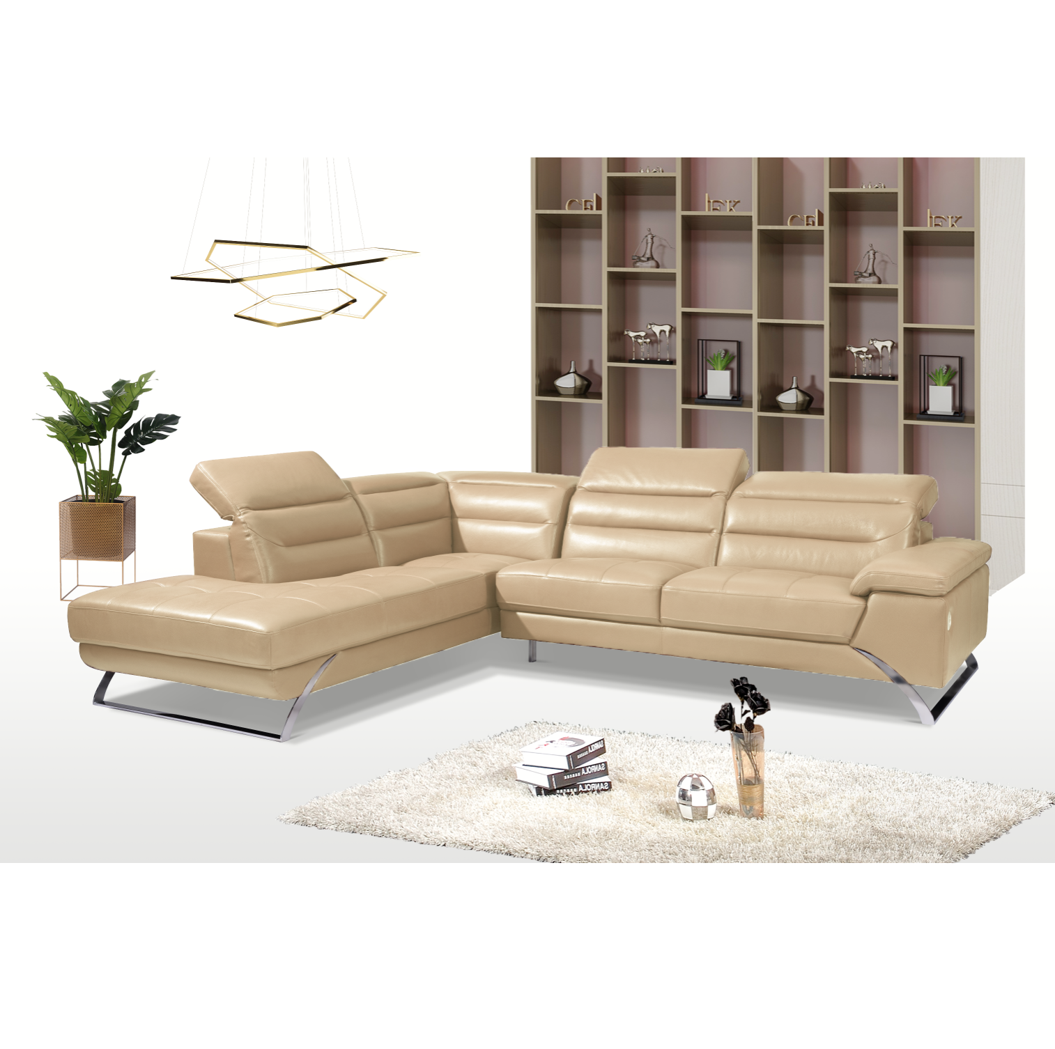 FD2813 3-seater Sofa+Left Chaise LHF (when Facing) w/USB Port 642B Beige Leather Touch