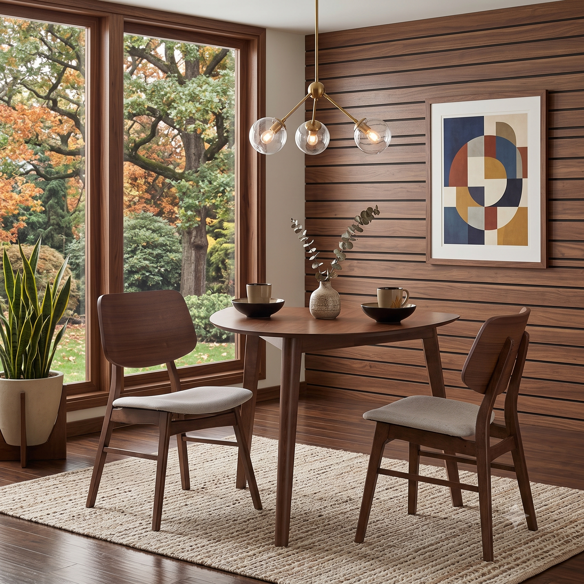 D1651 Oscar Triangle Corner Dining Table + (2)  Chair Natural Walnut Finish