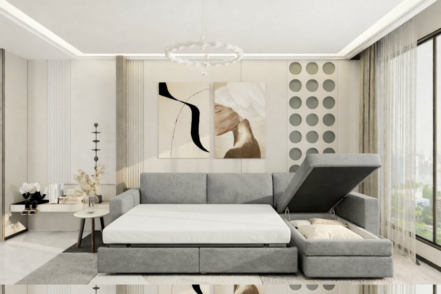 83361 Elena Sectional Sofa Bed w/ Storage (Right Chaise when facing) TR19 Grey Fabric