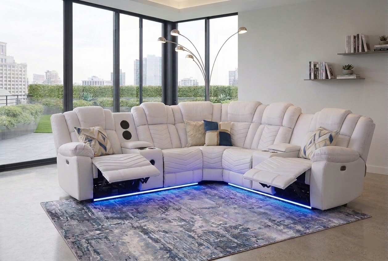 CS0470 NEWNAN Sectional Power Recliner  Bluetooth Speaker/Subwoofer/Storage Console/LED/Cup Holder/USB Charger/Cream