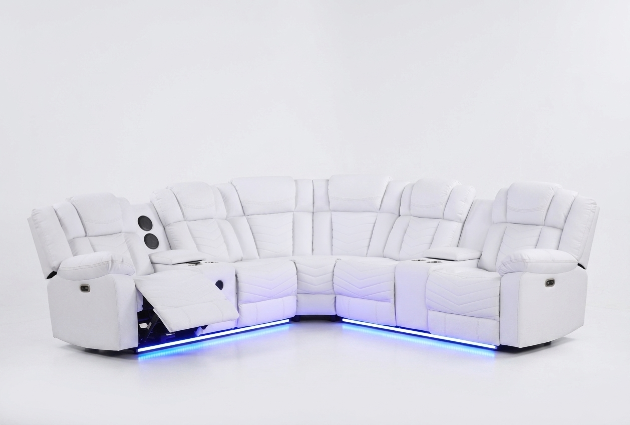 CS0470 NEWNAN Sectional Power Recliner  Bluetooth Speaker/Subwoofer/Storage Console/LED/Cup Holder/USB Charger/Cream