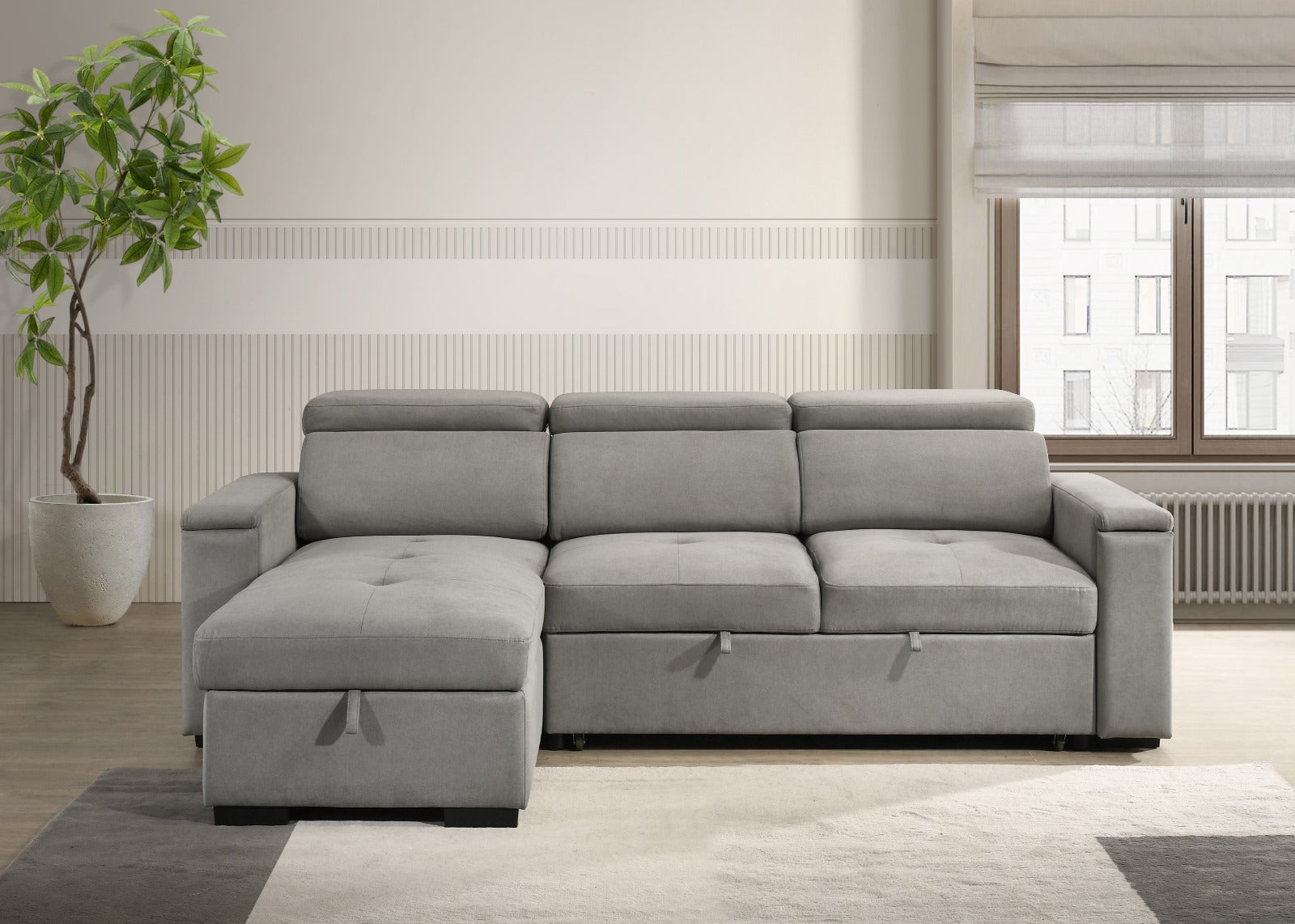 U722 Sectional Sofa Bed (Reversible) w/Storage/Cup Holders/USB Grey Fabric