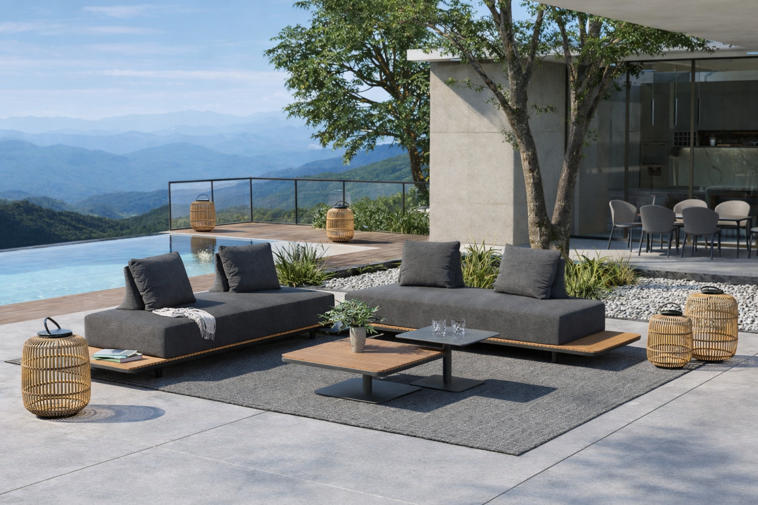 A391E New Freedom Sectional Set (2) 99"x 37"x 12" Powder Coated Aluminum + Pillow Dark Charcoal