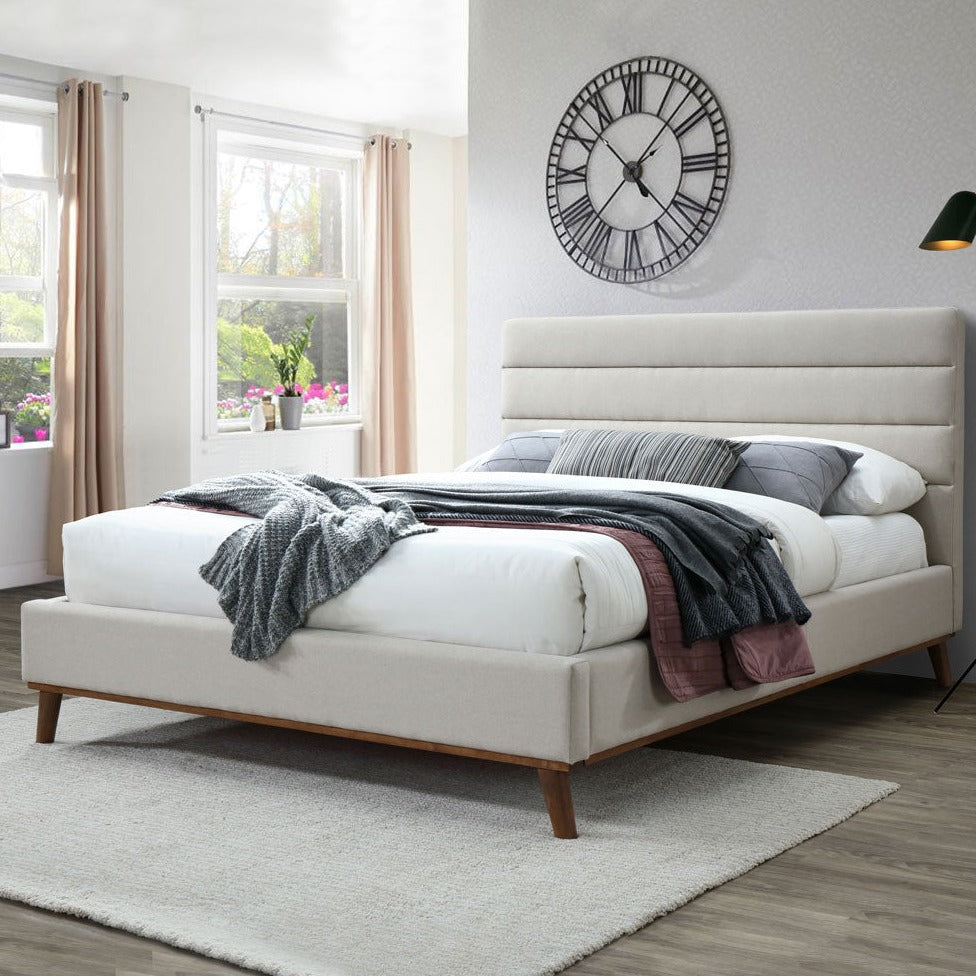 BBT-6803 Full Size Bed Headboard-46"Ht 6086-1 Light Beige Linen/7283 Walnut Legs