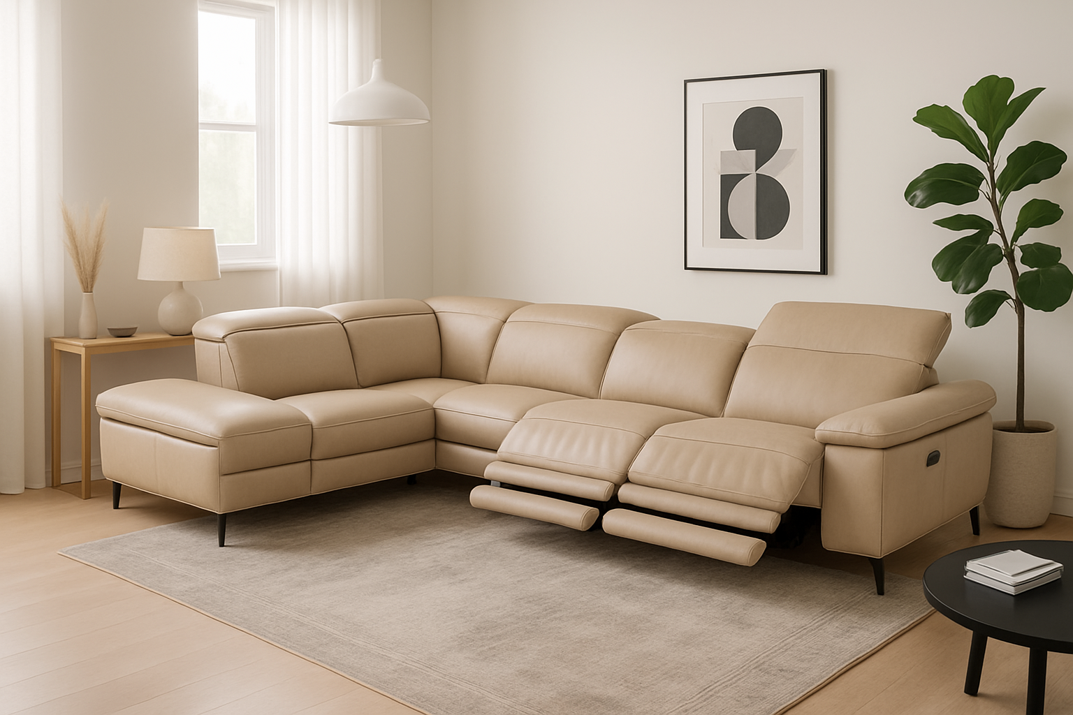 MU-11381 Sectional w/ 2 Power Recliners Left Chaise (when facing) 100% Leather Beige