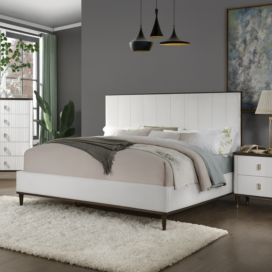 BD02027 Queen Bed Off White Fabric/White & Brown Finish
