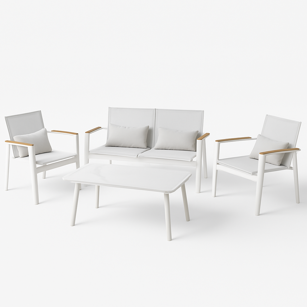 ASPEN Sofa Set (2) Chairs + 2-Seater + Coffee Table) Aluminum/Wheat T111042 Sling/Frame: White