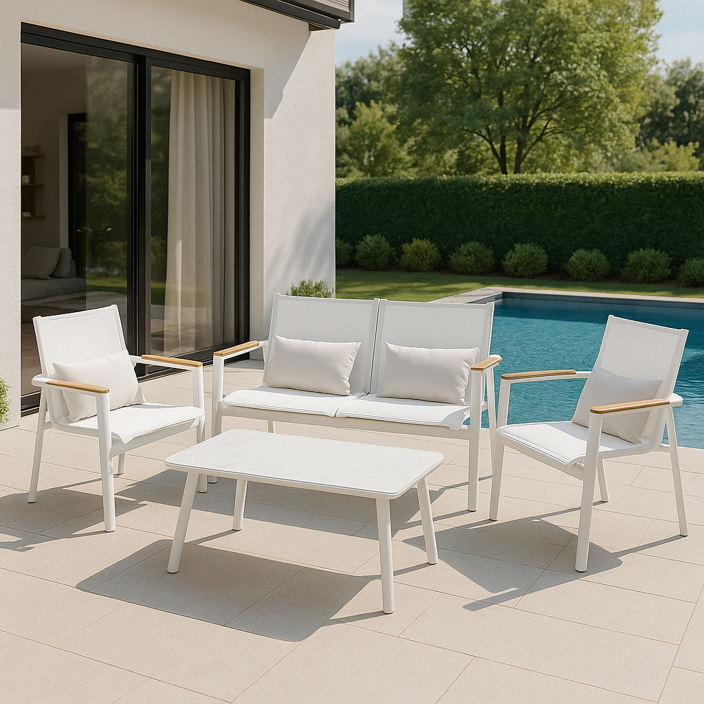 ASPEN Sofa Set (2) Chairs + 2-Seater + Coffee Table) Aluminum/Wheat T111042 Sling/Frame: White